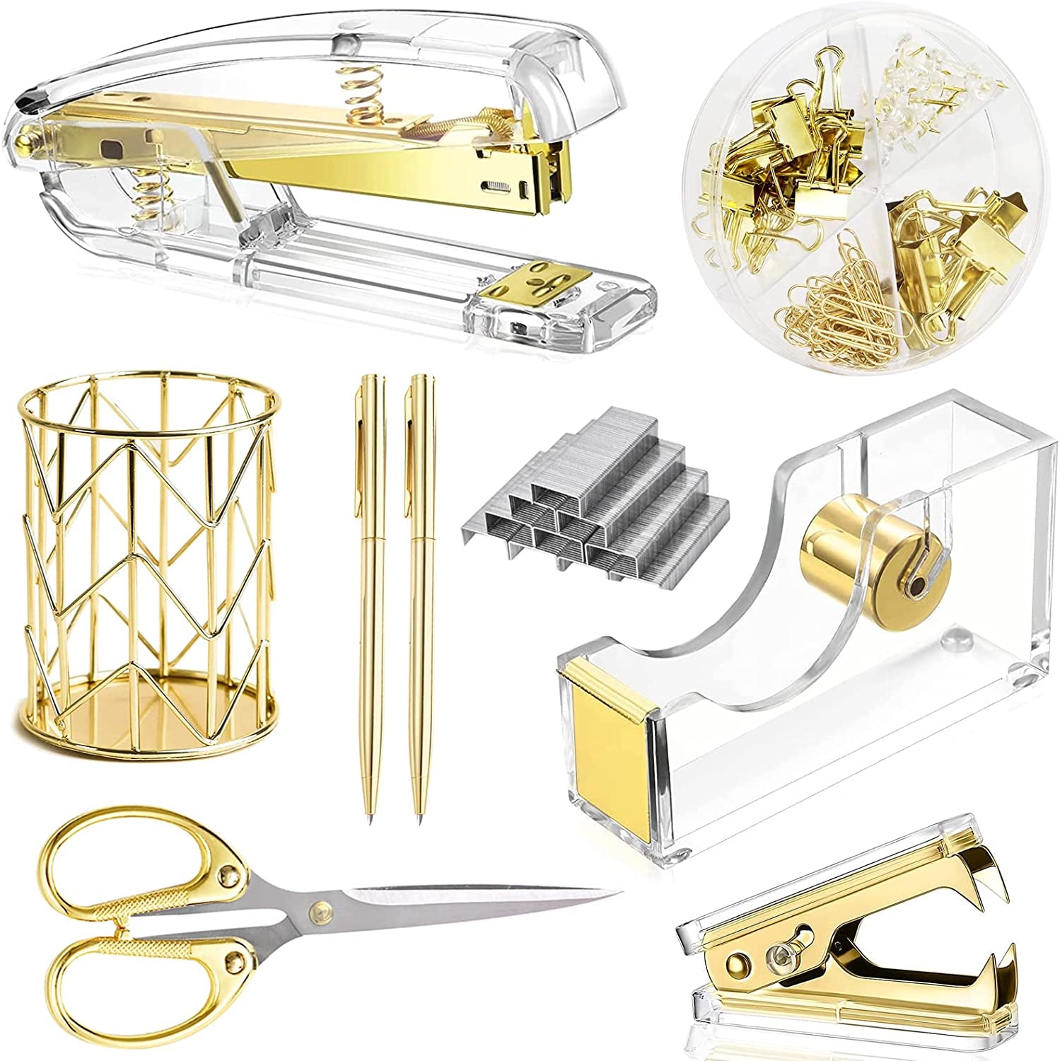 Rose Gold Desk Accessories,Office Supplies Set Acrylic Stapler Set Staple Remover, Tape Holder, 2 Ballpoint Pen, Scissor, Binder/Paper Clips and 1000Pcs Staples.