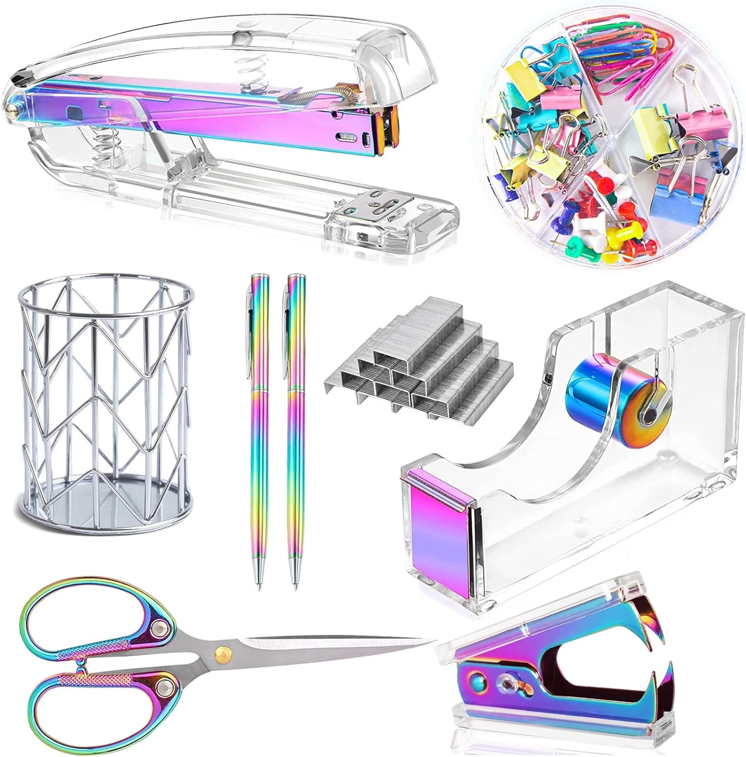 Rose Gold Desk Accessories,Office Supplies Set Acrylic Stapler Set Staple Remover, Tape Holder, 2 Ballpoint Pen, Scissor, Binder/Paper Clips and 1000Pcs Staples.