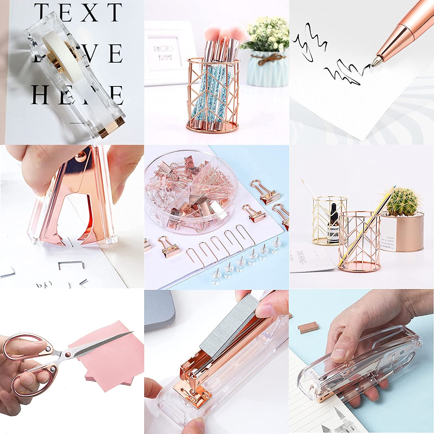 Rose Gold Desk Accessories,Office Supplies Set Acrylic Stapler Set Staple Remover, Tape Holder, 2 Ballpoint Pen, Scissor, Binder/Paper Clips and 1000Pcs Staples.