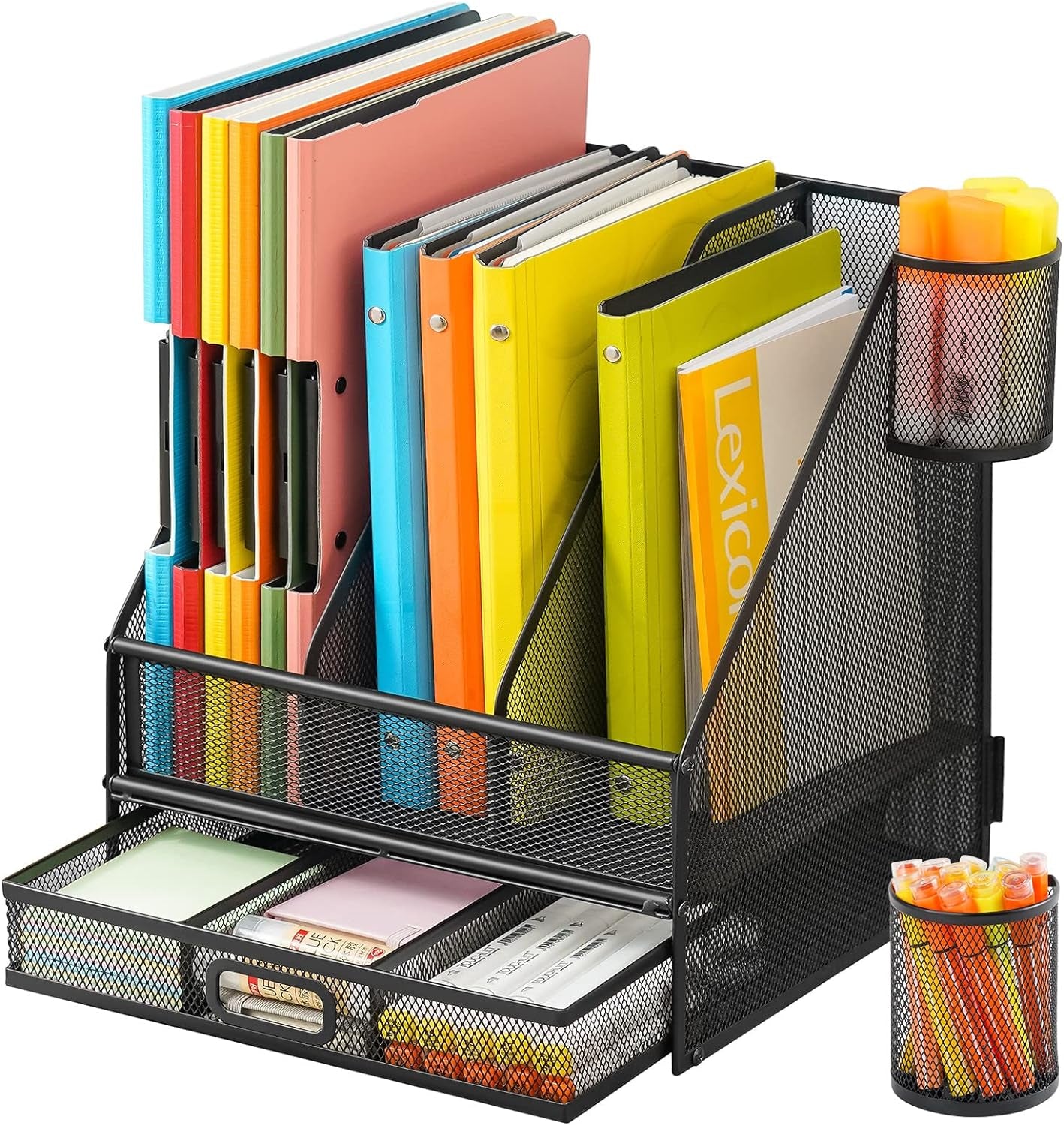 Desk Organizer with File Holder, 5-Tier Paper Letter Tray Organizer with Drawer and 2 Pen Holder, Mesh Desktop Organizer and Storage with Magazine Holder for Office Supplies(Black)
