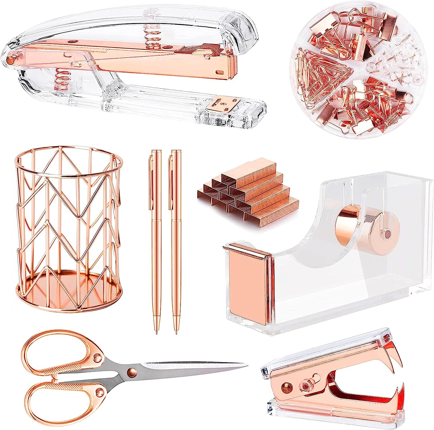 Rose Gold Desk Accessories,Office Supplies Set Acrylic Stapler Set Staple Remover, Tape Holder, 2 Ballpoint Pen, Scissor, Binder/Paper Clips and 1000Pcs Staples.