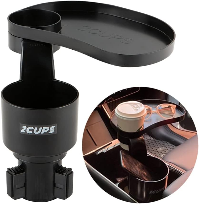 Car Cup Holder Expander and Attachable Tray, Fits Yeti/Hydroflasks/Nalgene 16-40 Oz. Dual Cup Holder with Adjustable Swivel Tray. Organizer Table for Car, Truck, Automotive