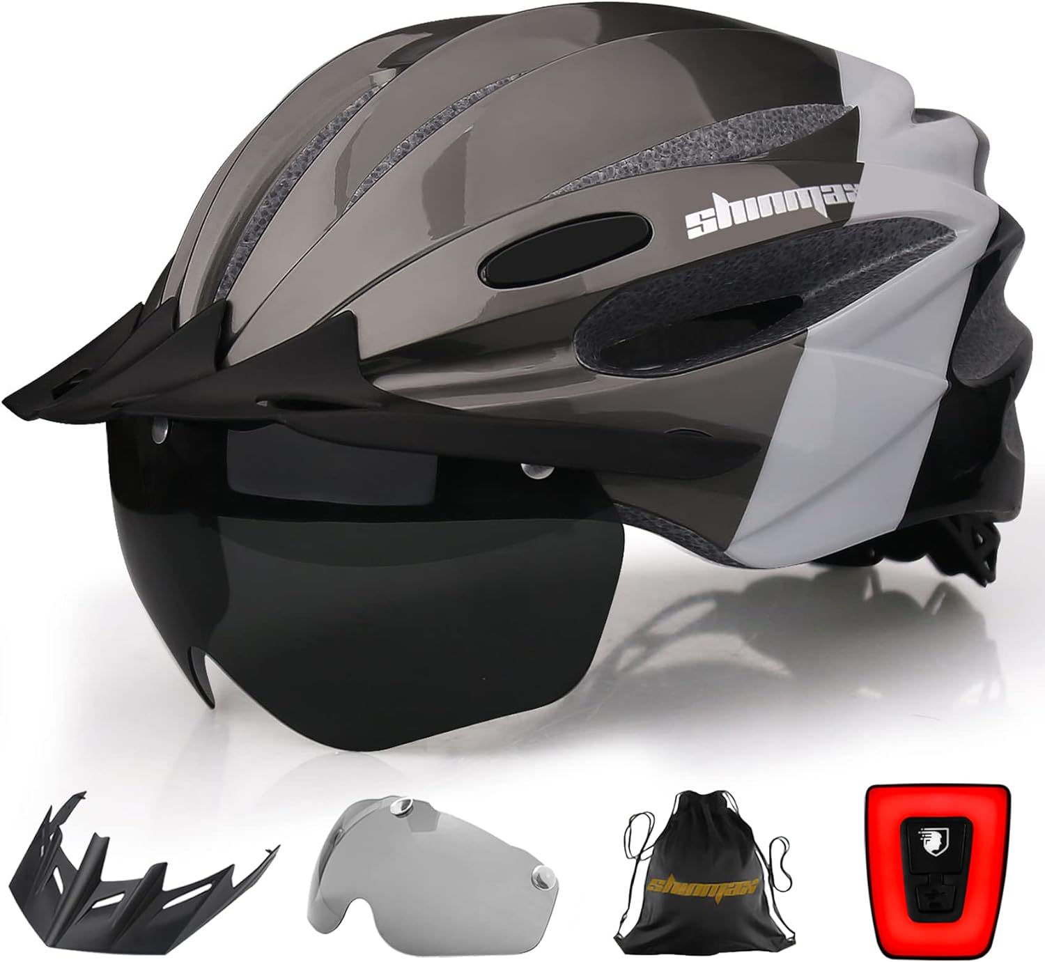 Bike Helmet, Bicycle Helmet with USB Charging Light&Detachable Magnetic Goggles&Removable Sun Visor&Portable Bag Adjustable Cycling Helmet