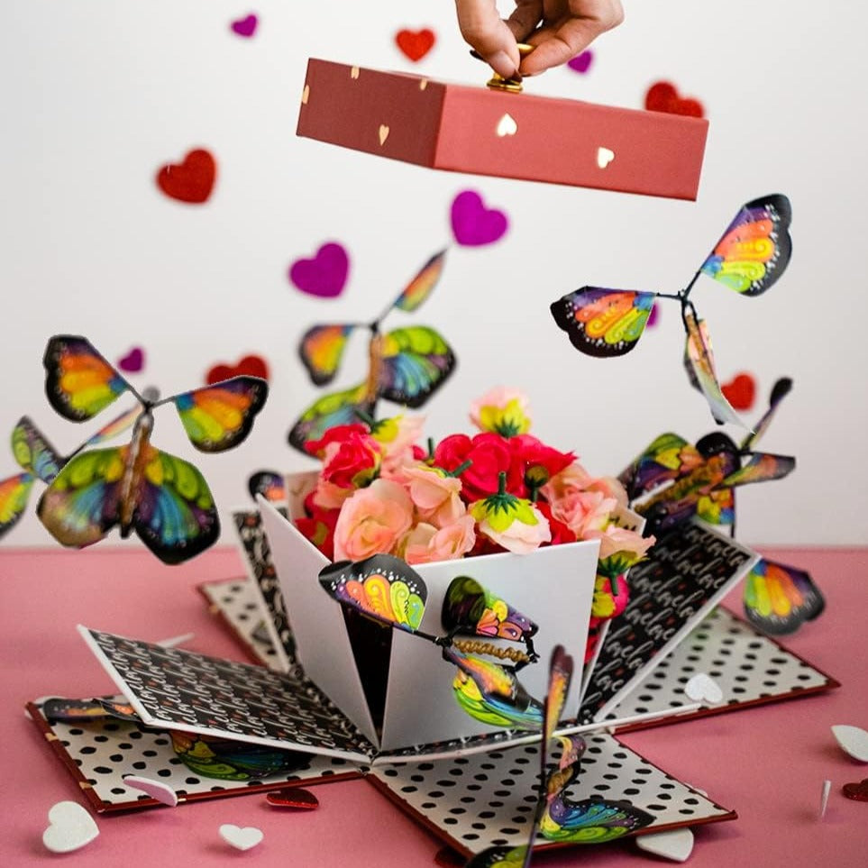 Sendacake Valentine'S Day Love Flying Butterfly Surprise Explosion Gift Box - Flower Shower & Delicious 3" Mini Cakes for Delivery - Gift for Girlfriend, Wife, Women