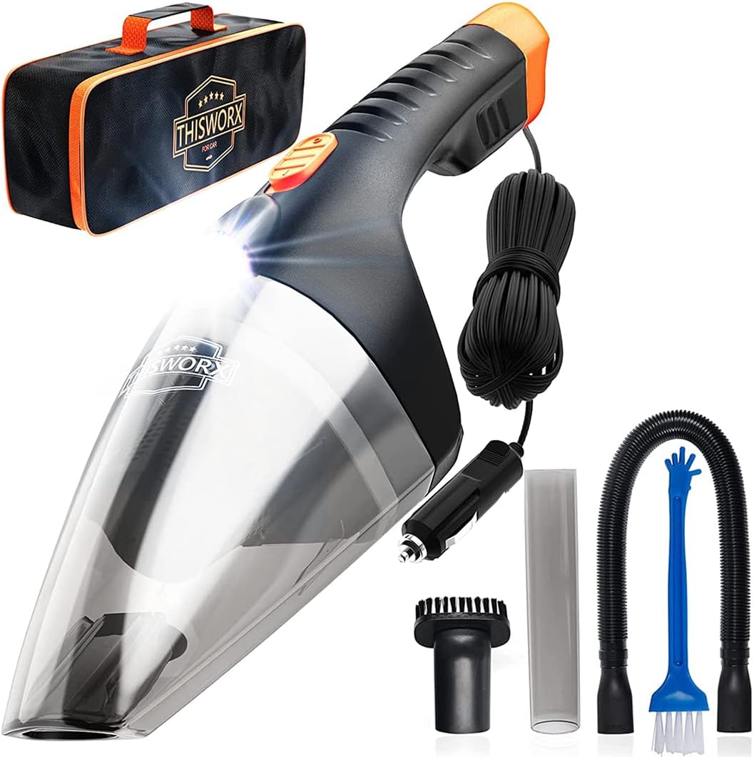 Thisworx Car Vacuum Cleaner - Car Accessories - Small 12V High Power Handheld Portable Car Vacuum W/Attachments, 16 Ft Cord & Bag - Detailing Kit Essentials for Travel, RV Camper