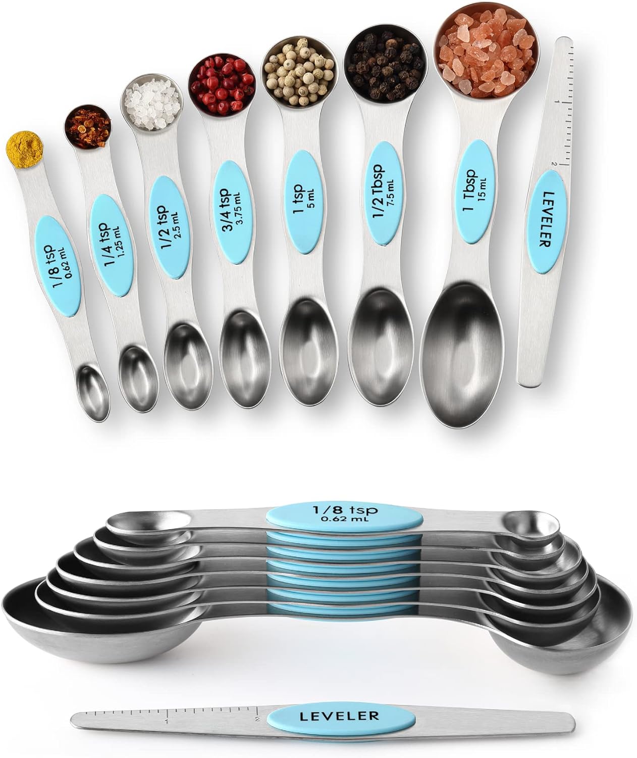 Magnetic Measuring Spoons Set with Strong N45 Magnets, Heavy Duty Stainless Steel Metal, Fits in Most Kitchen Spice Jars for Baking & Cooking, BPA Free, Black, Set of 8 with Leveler