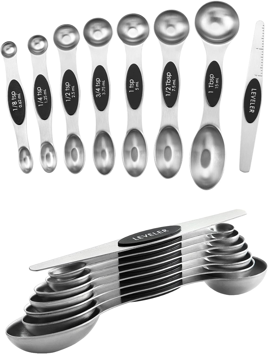 Magnetic Measuring Spoons Set with Strong N45 Magnets, Heavy Duty Stainless Steel Metal, Fits in Most Kitchen Spice Jars for Baking & Cooking, BPA Free, Black, Set of 8 with Leveler