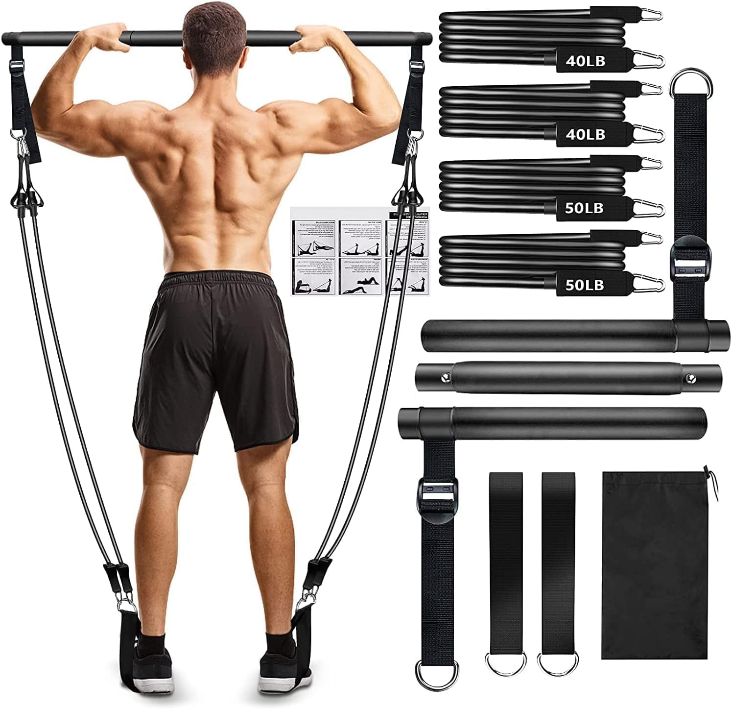 Pilates Bar Kit with Resistance Bands,3-Section Pilates Bar with Stackable Bands Workout Equipment for Legs,Hip,Waist and Arm,Exercise Fitness Equipment for Women & Men Home Gym Yoga Pilates
