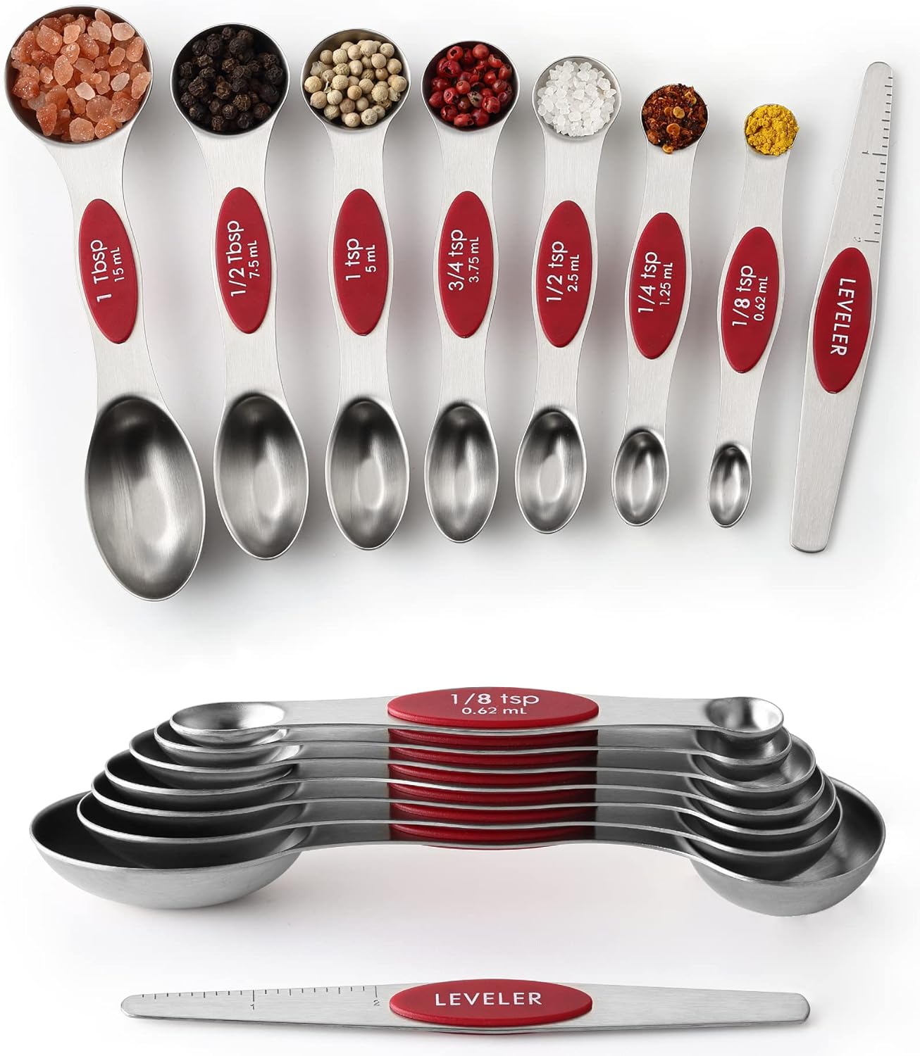Magnetic Measuring Spoons Set with Strong N45 Magnets, Heavy Duty Stainless Steel Metal, Fits in Most Kitchen Spice Jars for Baking & Cooking, BPA Free, Black, Set of 8 with Leveler