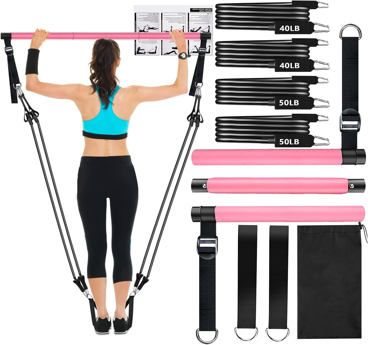 Pilates Bar Kit with Resistance Bands,3-Section Pilates Bar with Stackable Bands Workout Equipment for Legs,Hip,Waist and Arm,Exercise Fitness Equipment for Women & Men Home Gym Yoga Pilates