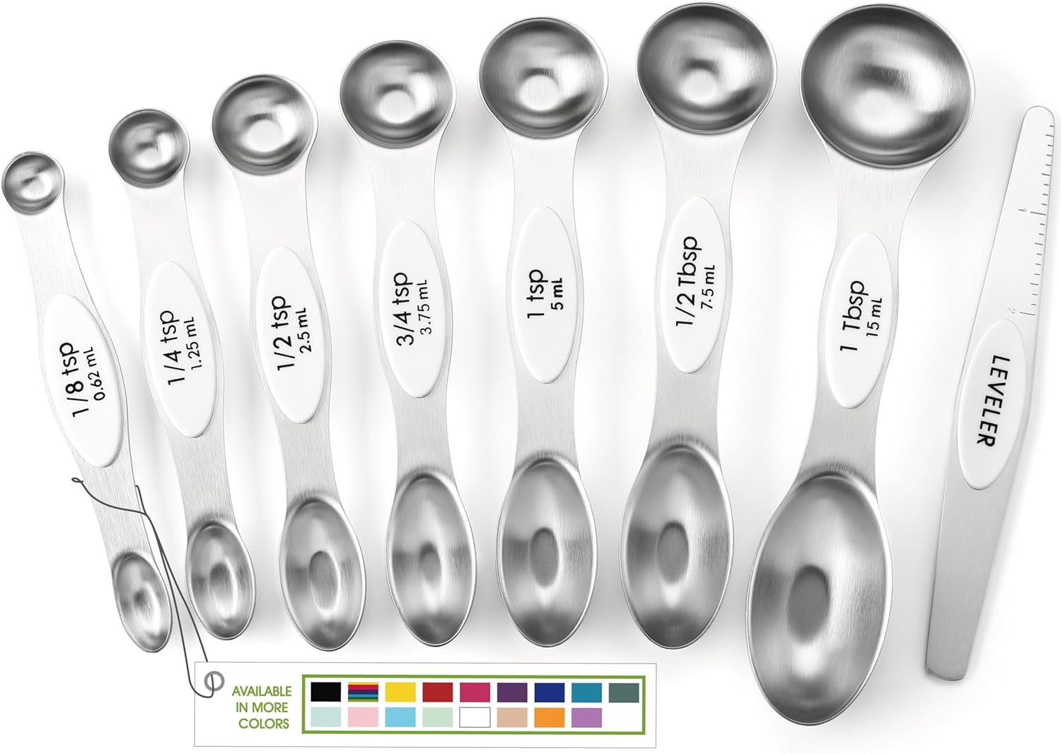 Magnetic Measuring Spoons Set with Strong N45 Magnets, Heavy Duty Stainless Steel Metal, Fits in Most Kitchen Spice Jars for Baking & Cooking, BPA Free, Black, Set of 8 with Leveler