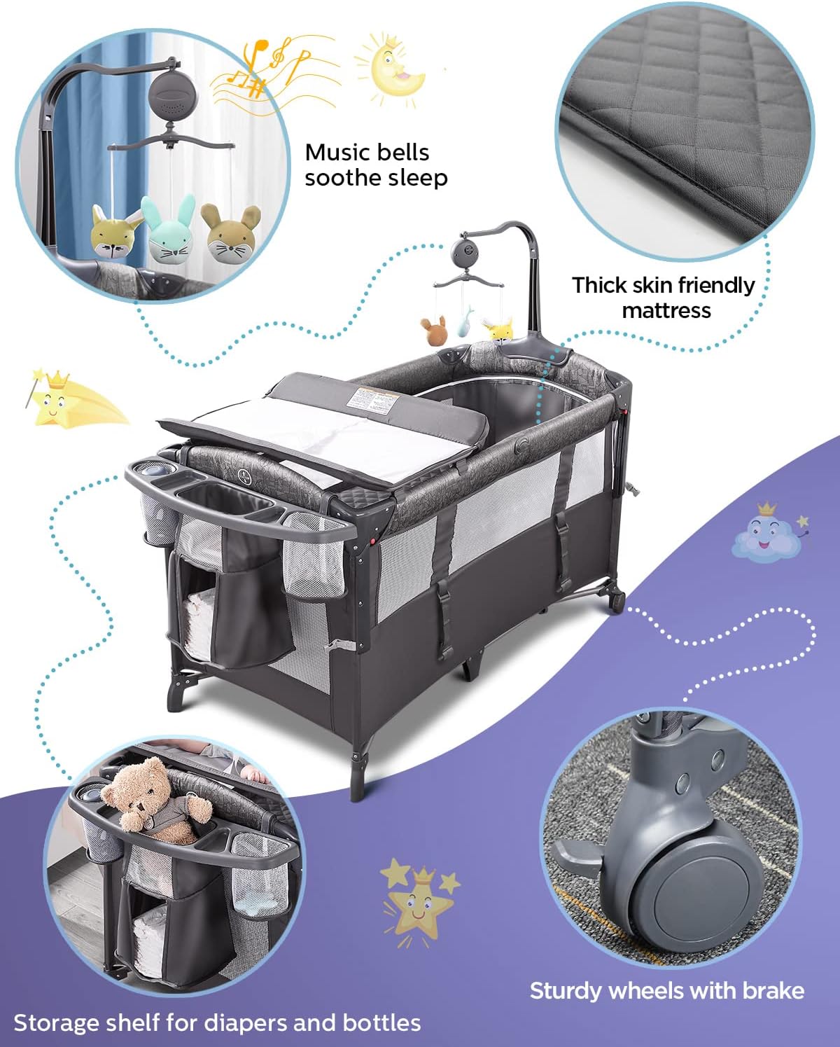 Baby Bassinet Bedside Crib, Pack and Play with Mattress, Diaper Changer and Playards from Newborn to Toddles, Grey