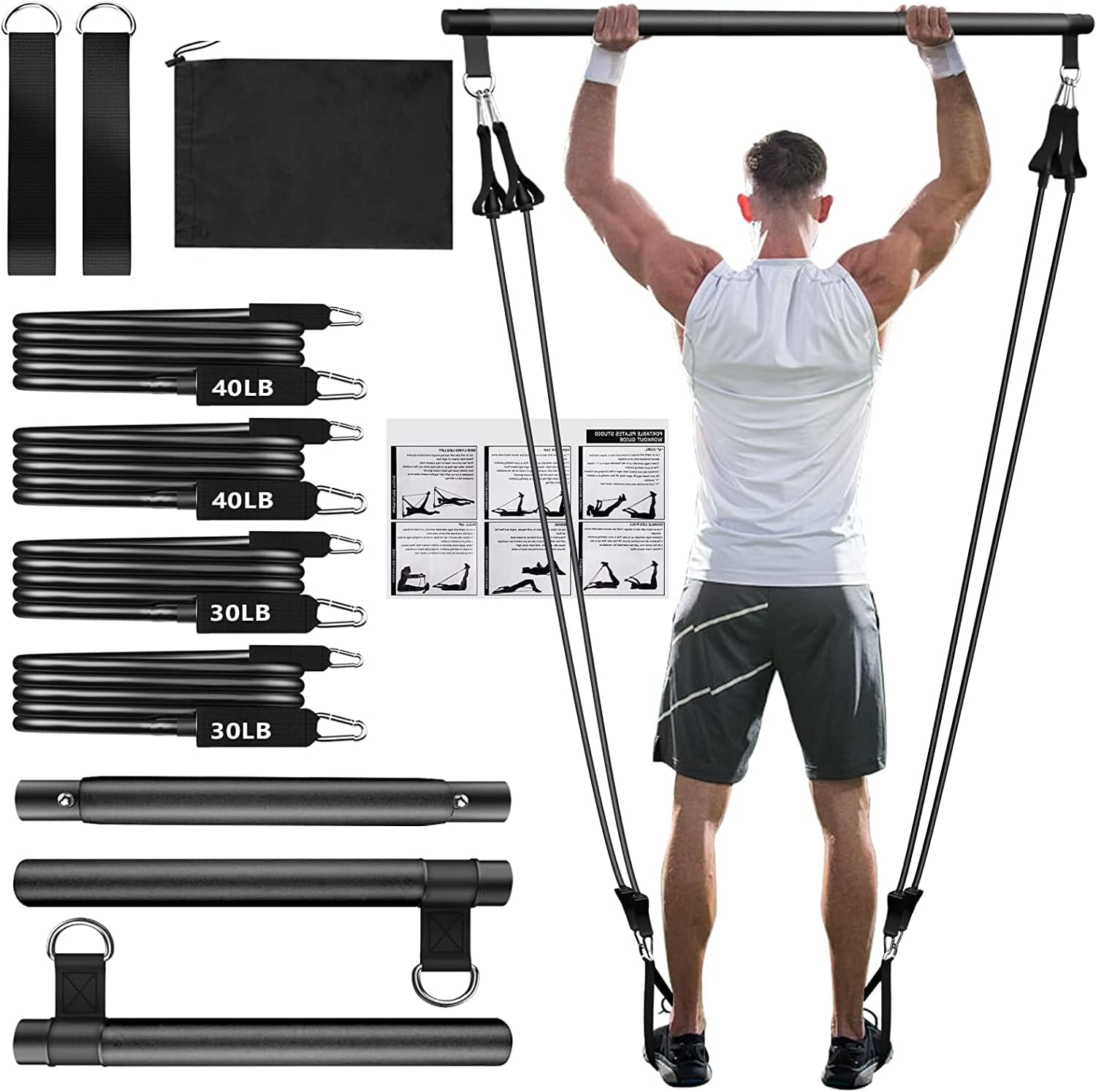 Pilates Bar Kit with Resistance Bands,3-Section Pilates Bar with Stackable Bands Workout Equipment for Legs,Hip,Waist and Arm,Exercise Fitness Equipment for Women & Men Home Gym Yoga Pilates