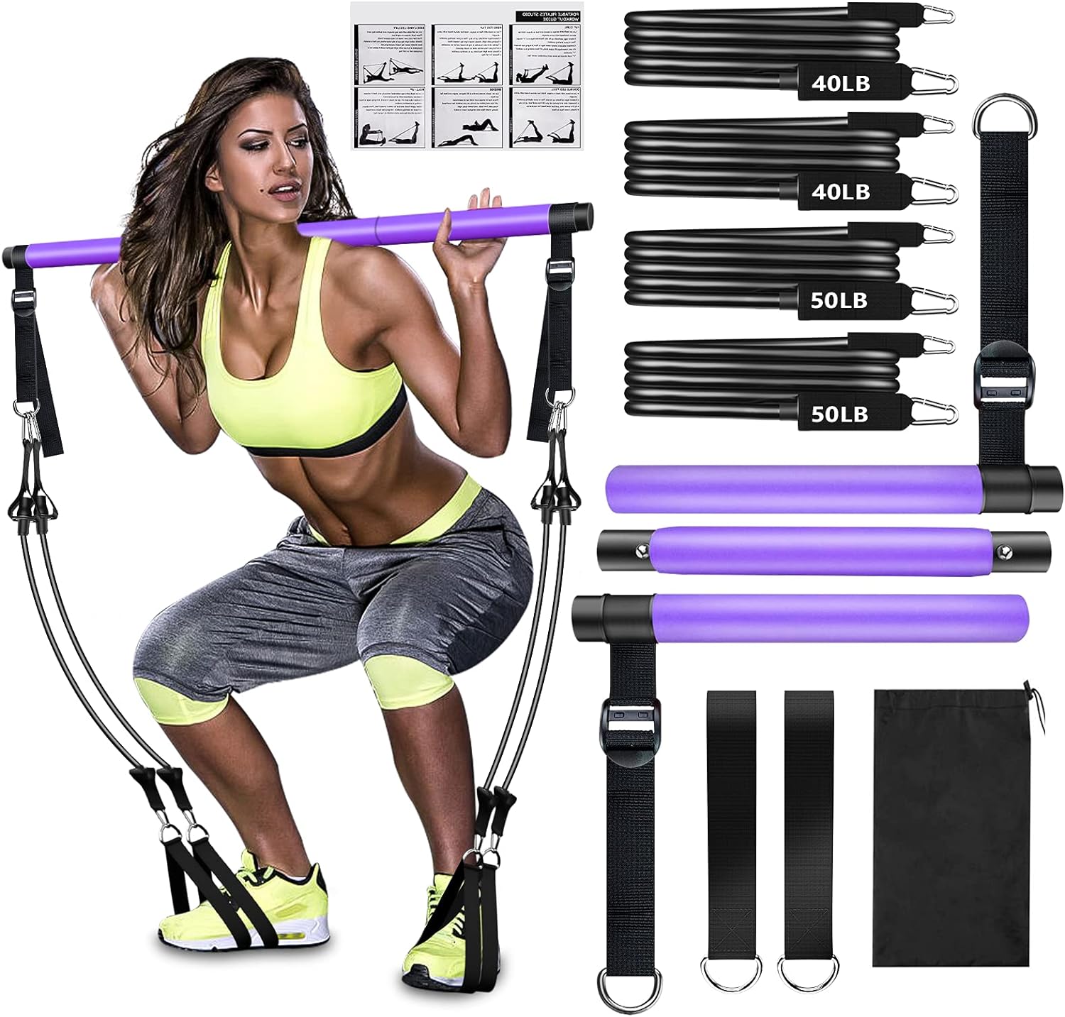 Pilates Bar Kit with Resistance Bands,3-Section Pilates Bar with Stackable Bands Workout Equipment for Legs,Hip,Waist and Arm,Exercise Fitness Equipment for Women & Men Home Gym Yoga Pilates