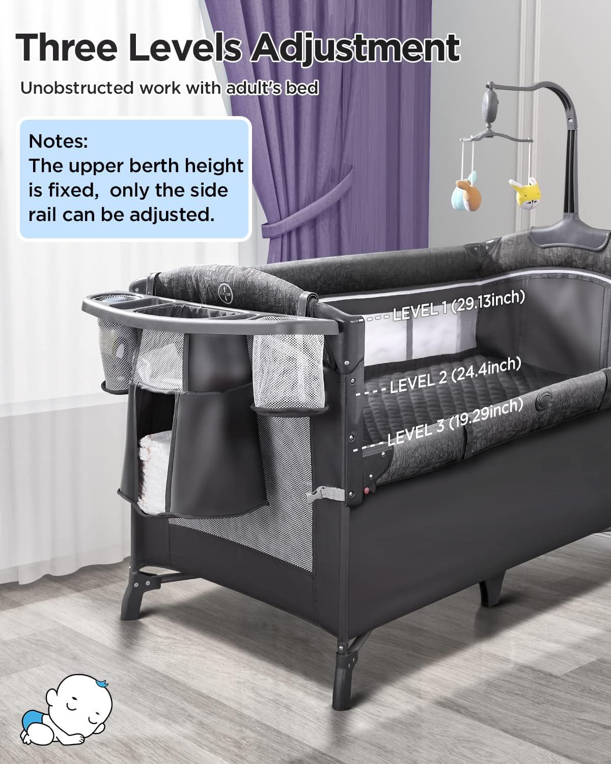 Baby Bassinet Bedside Crib, Pack and Play with Mattress, Diaper Changer and Playards from Newborn to Toddles, Grey