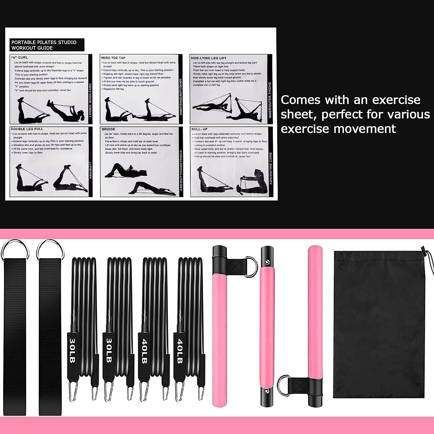 Pilates Bar Kit with Resistance Bands,3-Section Pilates Bar with Stackable Bands Workout Equipment for Legs,Hip,Waist and Arm,Exercise Fitness Equipment for Women & Men Home Gym Yoga Pilates