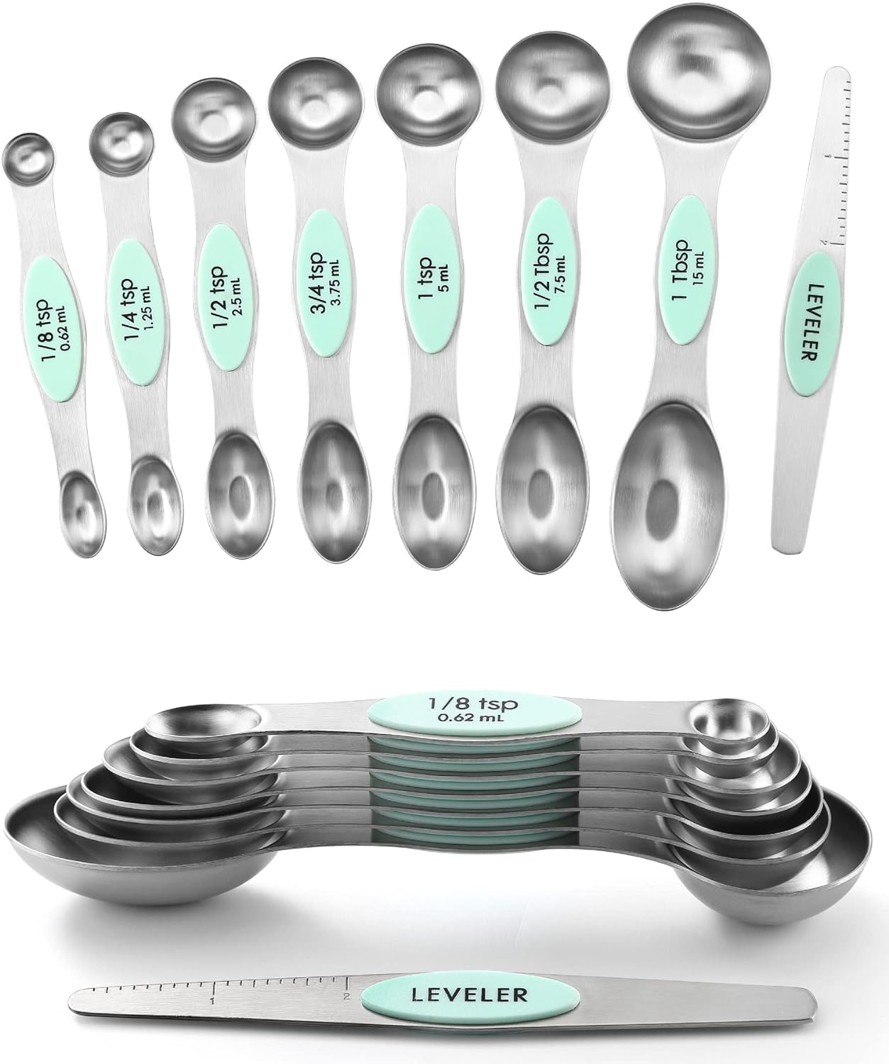 Magnetic Measuring Spoons Set with Strong N45 Magnets, Heavy Duty Stainless Steel Metal, Fits in Most Kitchen Spice Jars for Baking & Cooking, BPA Free, Black, Set of 8 with Leveler