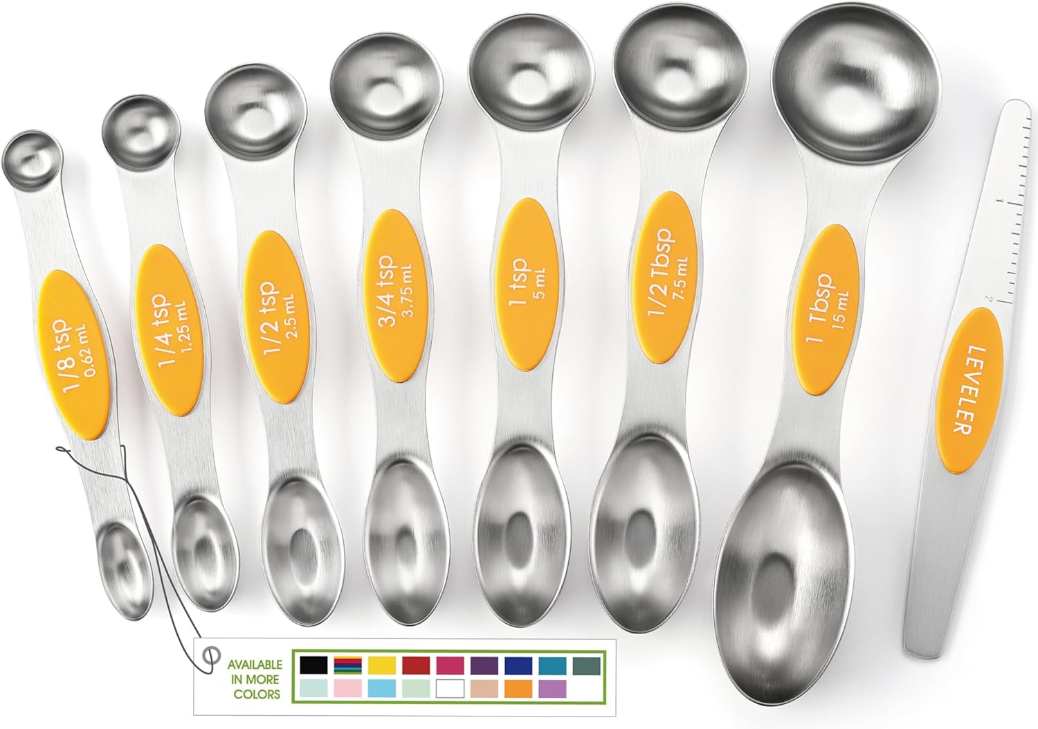 Magnetic Measuring Spoons Set with Strong N45 Magnets, Heavy Duty Stainless Steel Metal, Fits in Most Kitchen Spice Jars for Baking & Cooking, BPA Free, Black, Set of 8 with Leveler