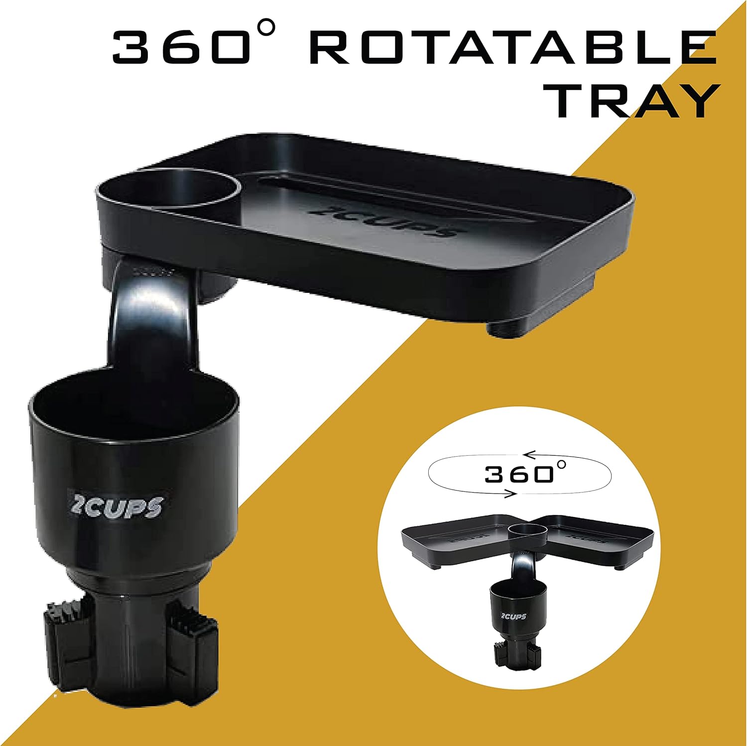Car Cup Holder Expander and Attachable Tray, Fits Yeti/Hydroflasks/Nalgene 16-40 Oz. Dual Cup Holder with Adjustable Swivel Tray. Organizer Table for Car, Truck, Automotive