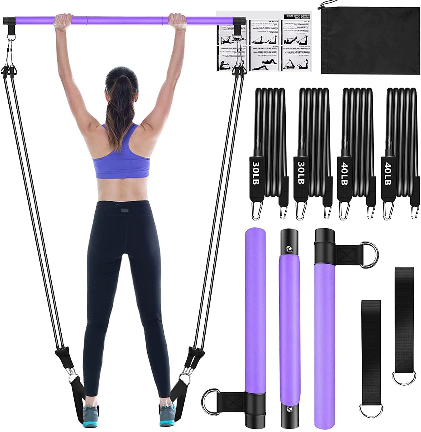 Pilates Bar Kit with Resistance Bands,3-Section Pilates Bar with Stackable Bands Workout Equipment for Legs,Hip,Waist and Arm,Exercise Fitness Equipment for Women & Men Home Gym Yoga Pilates