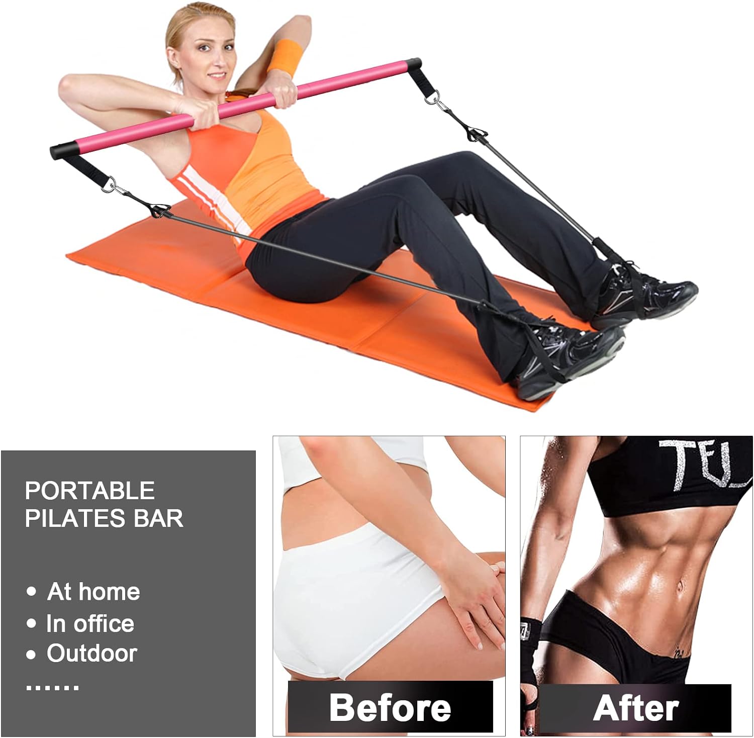 Pilates Bar Kit with Resistance Bands,3-Section Pilates Bar with Stackable Bands Workout Equipment for Legs,Hip,Waist and Arm,Exercise Fitness Equipment for Women & Men Home Gym Yoga Pilates