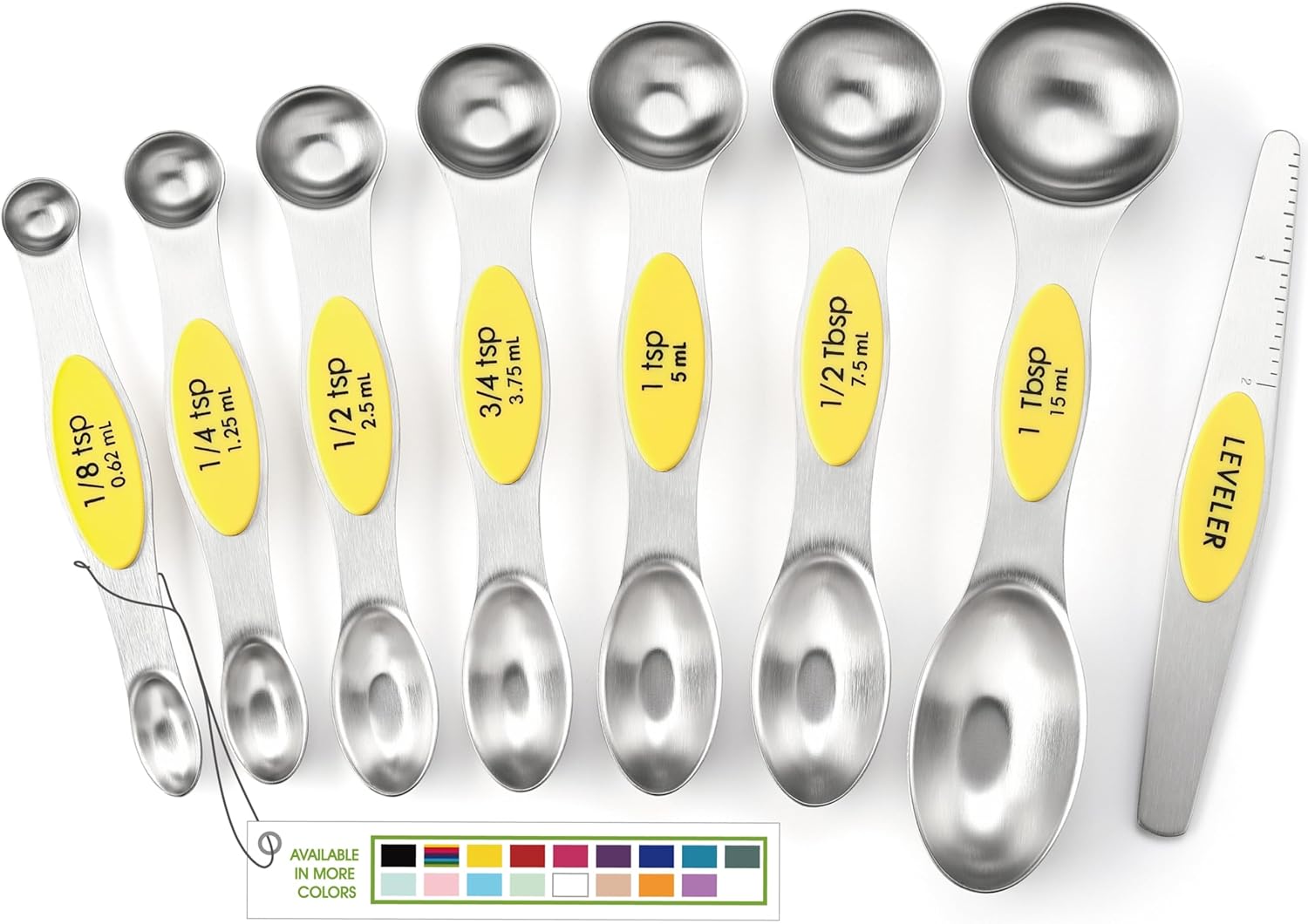 Magnetic Measuring Spoons Set with Strong N45 Magnets, Heavy Duty Stainless Steel Metal, Fits in Most Kitchen Spice Jars for Baking & Cooking, BPA Free, Black, Set of 8 with Leveler
