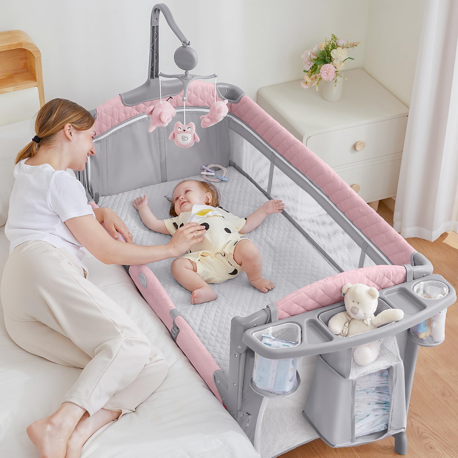 Baby Bassinet Bedside Crib, Pack and Play with Mattress, Diaper Changer and Playards from Newborn to Toddles, Grey