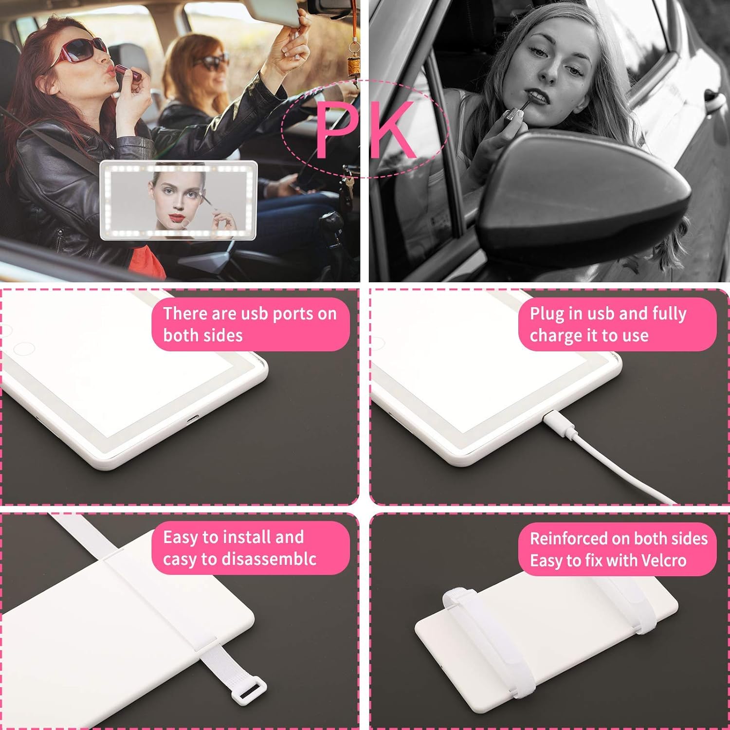 Car Visor Vanity Mirror Rechargeable with 3 Light Modes & 60 Leds,Mirror for Truck SUV Rear View Dimmable Touch Screen,Car as a Gifts Women Valentine'S Day (White)