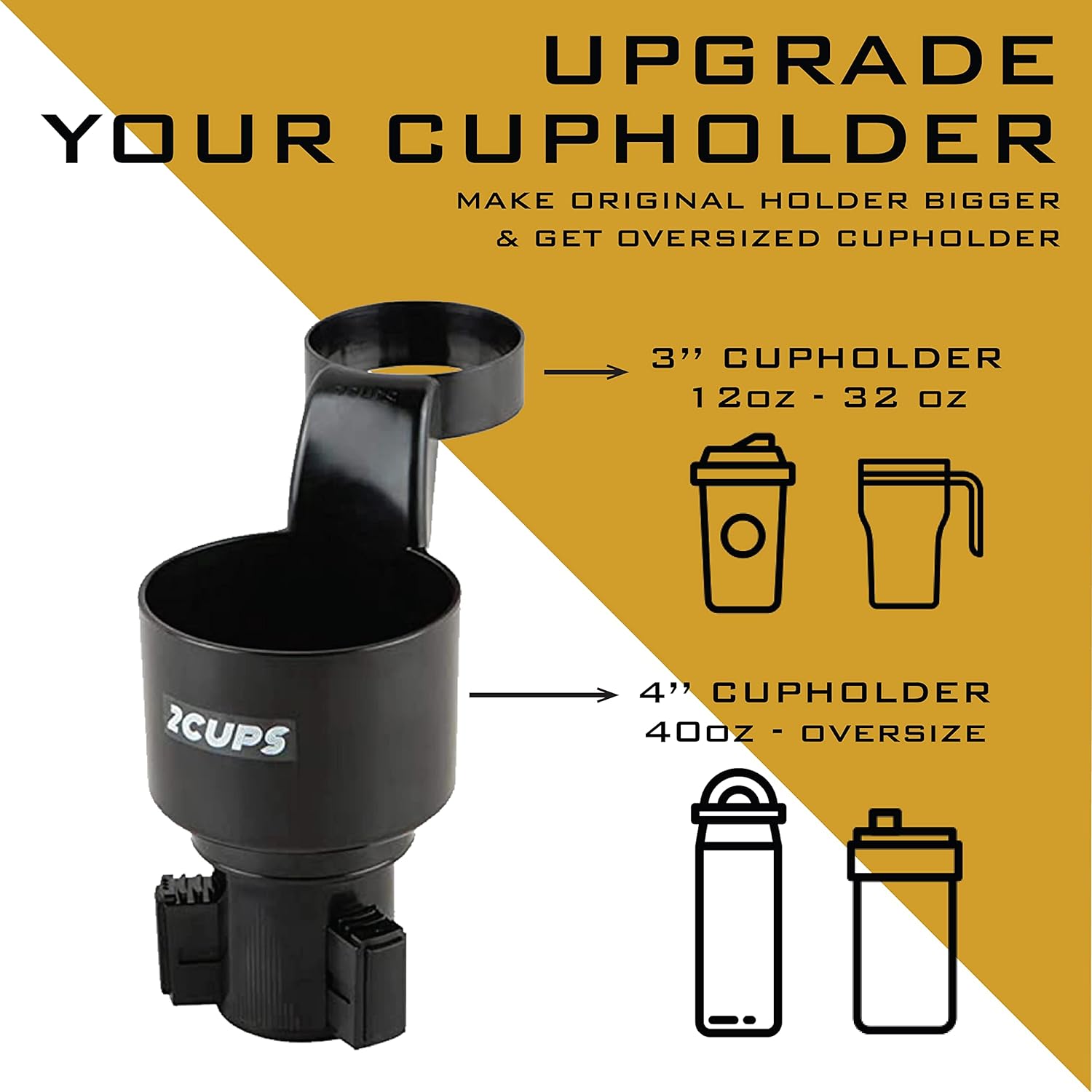 Car Cup Holder Expander and Attachable Tray, Fits Yeti/Hydroflasks/Nalgene 16-40 Oz. Dual Cup Holder with Adjustable Swivel Tray. Organizer Table for Car, Truck, Automotive