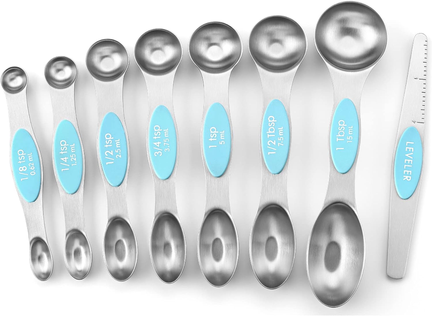 Magnetic Measuring Spoons Set with Strong N45 Magnets, Heavy Duty Stainless Steel Metal, Fits in Most Kitchen Spice Jars for Baking & Cooking, BPA Free, Black, Set of 8 with Leveler