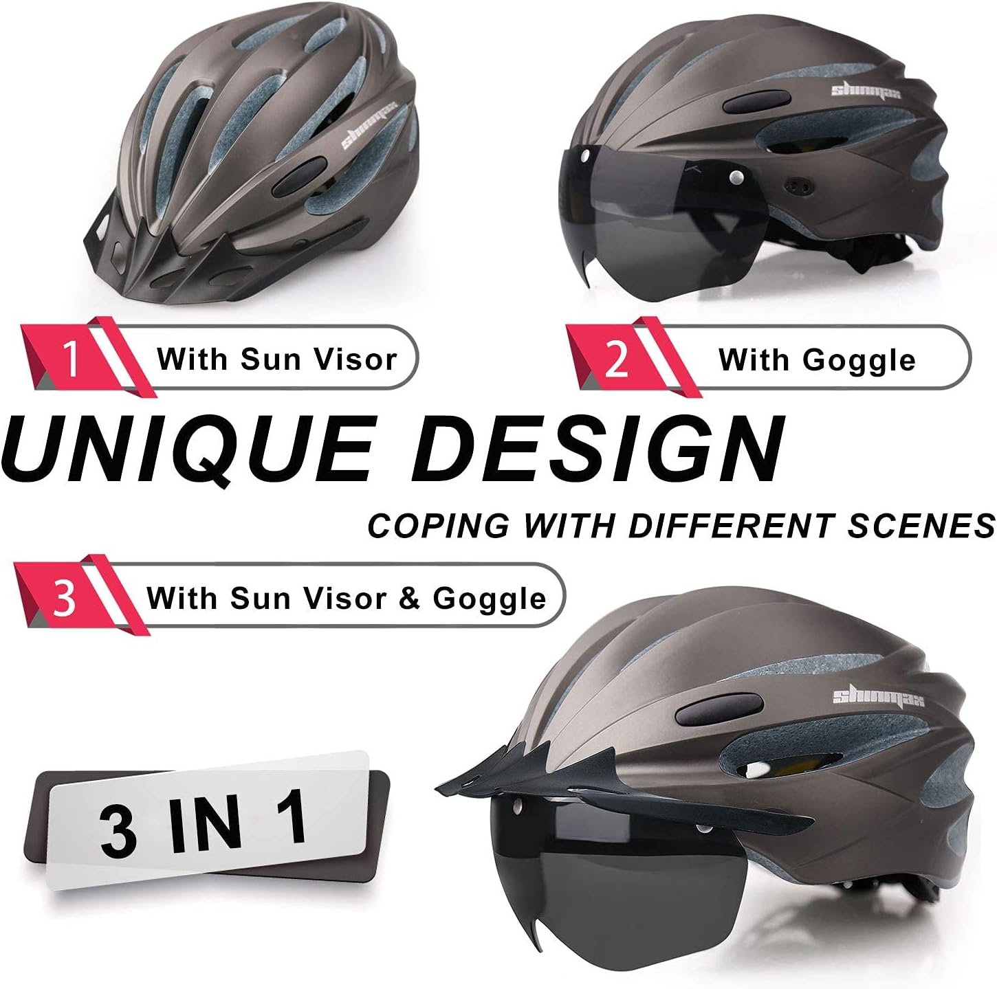 Bike Helmet, Bicycle Helmet with USB Charging Light&Detachable Magnetic Goggles&Removable Sun Visor&Portable Bag Adjustable Cycling Helmet