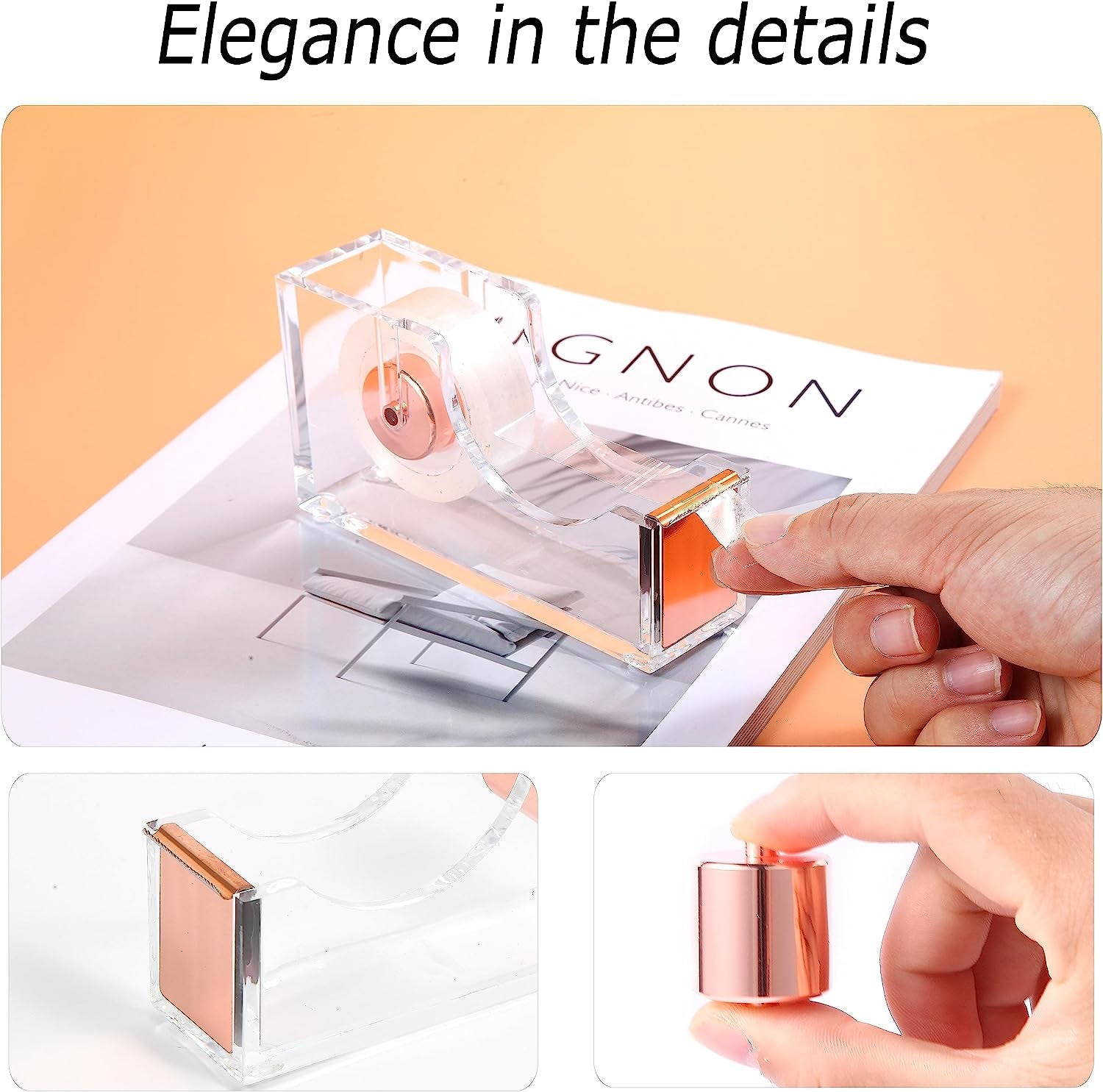 Rose Gold Desk Accessories,Office Supplies Set Acrylic Stapler Set Staple Remover, Tape Holder, 2 Ballpoint Pen, Scissor, Binder/Paper Clips and 1000Pcs Staples.