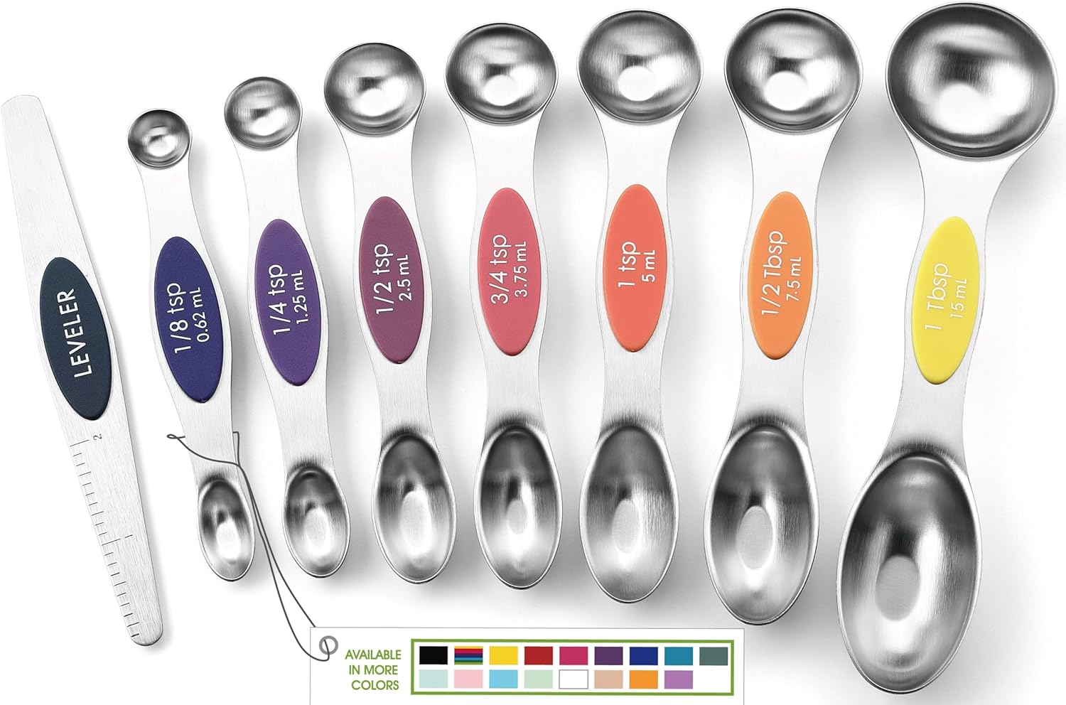 Magnetic Measuring Spoons Set with Strong N45 Magnets, Heavy Duty Stainless Steel Metal, Fits in Most Kitchen Spice Jars for Baking & Cooking, BPA Free, Black, Set of 8 with Leveler