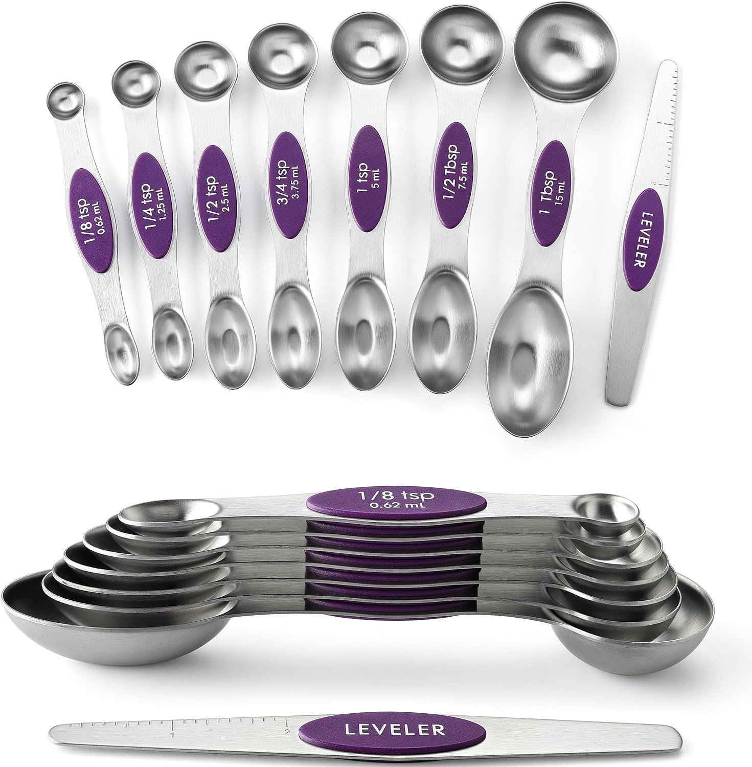 Magnetic Measuring Spoons Set with Strong N45 Magnets, Heavy Duty Stainless Steel Metal, Fits in Most Kitchen Spice Jars for Baking & Cooking, BPA Free, Black, Set of 8 with Leveler