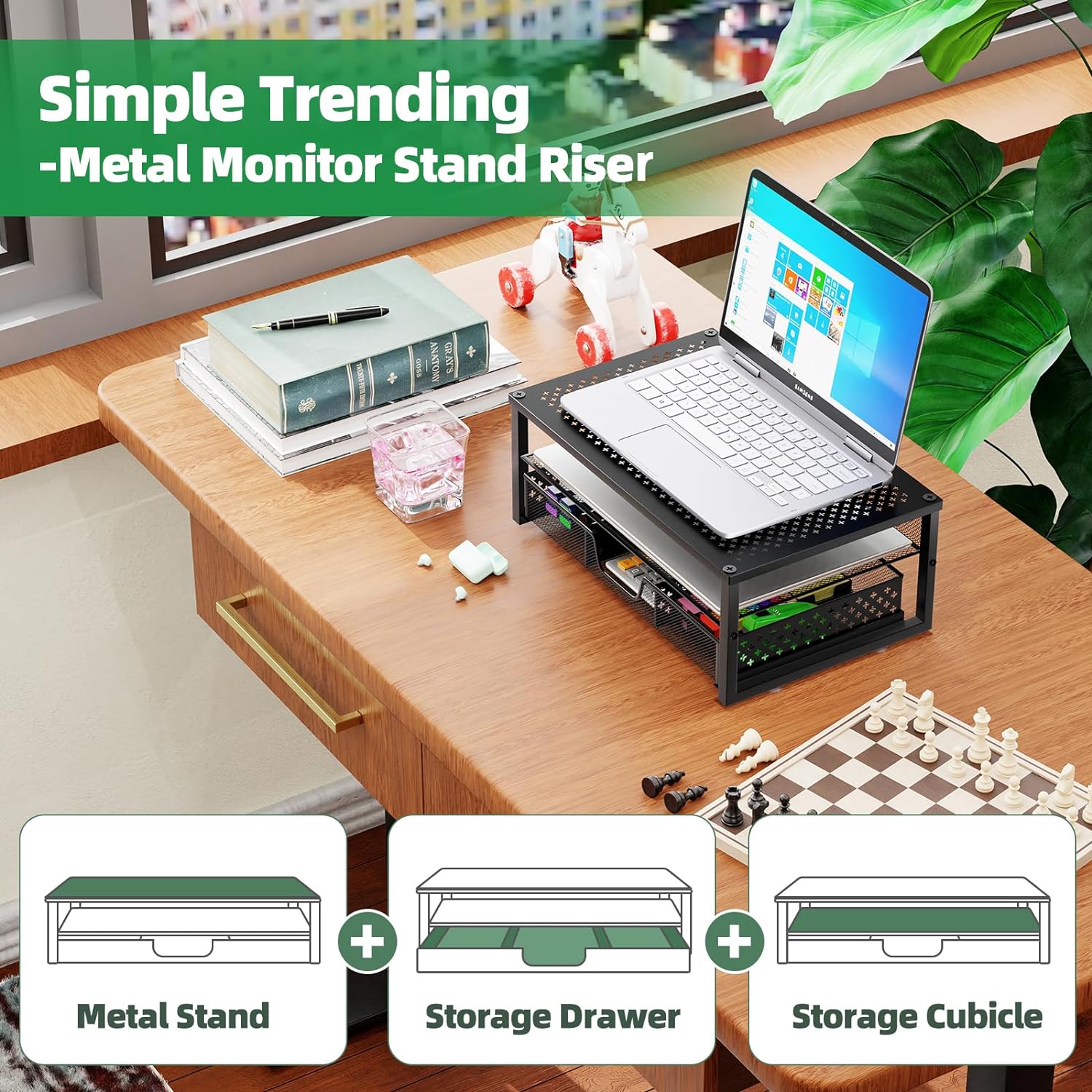 -Metal Monitor Stand Riser and Computer Desk Organizer with Drawer for Laptop, Computer, Imac, Black