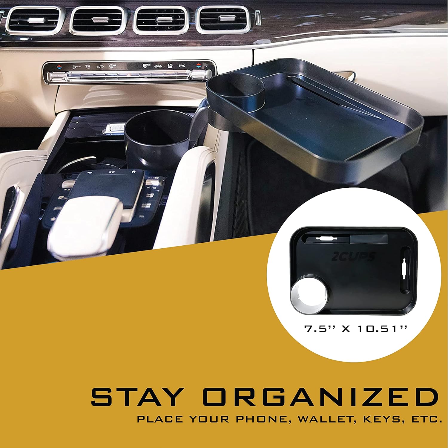 Car Cup Holder Expander and Attachable Tray, Fits Yeti/Hydroflasks/Nalgene 16-40 Oz. Dual Cup Holder with Adjustable Swivel Tray. Organizer Table for Car, Truck, Automotive
