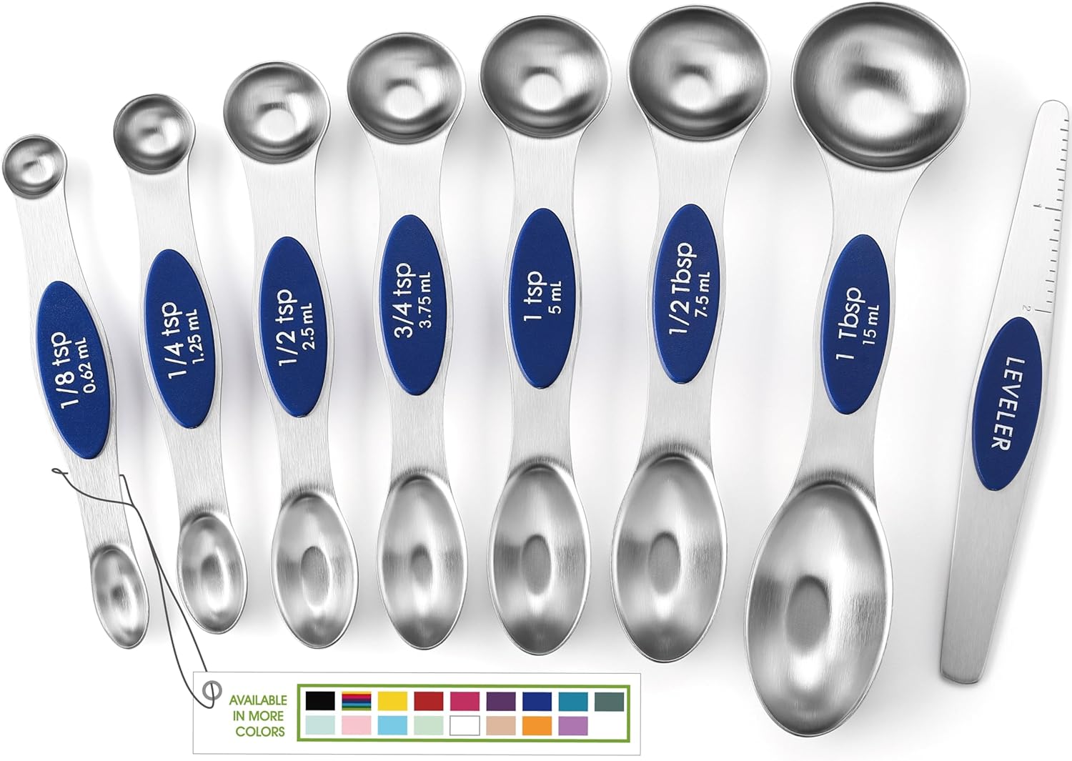 Magnetic Measuring Spoons Set with Strong N45 Magnets, Heavy Duty Stainless Steel Metal, Fits in Most Kitchen Spice Jars for Baking & Cooking, BPA Free, Black, Set of 8 with Leveler