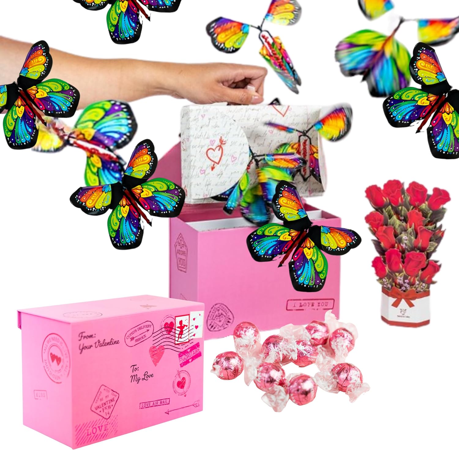 Sendacake Valentine'S Day Love Flying Butterfly Surprise Explosion Gift Box - Flower Shower & Delicious 3" Mini Cakes for Delivery - Gift for Girlfriend, Wife, Women