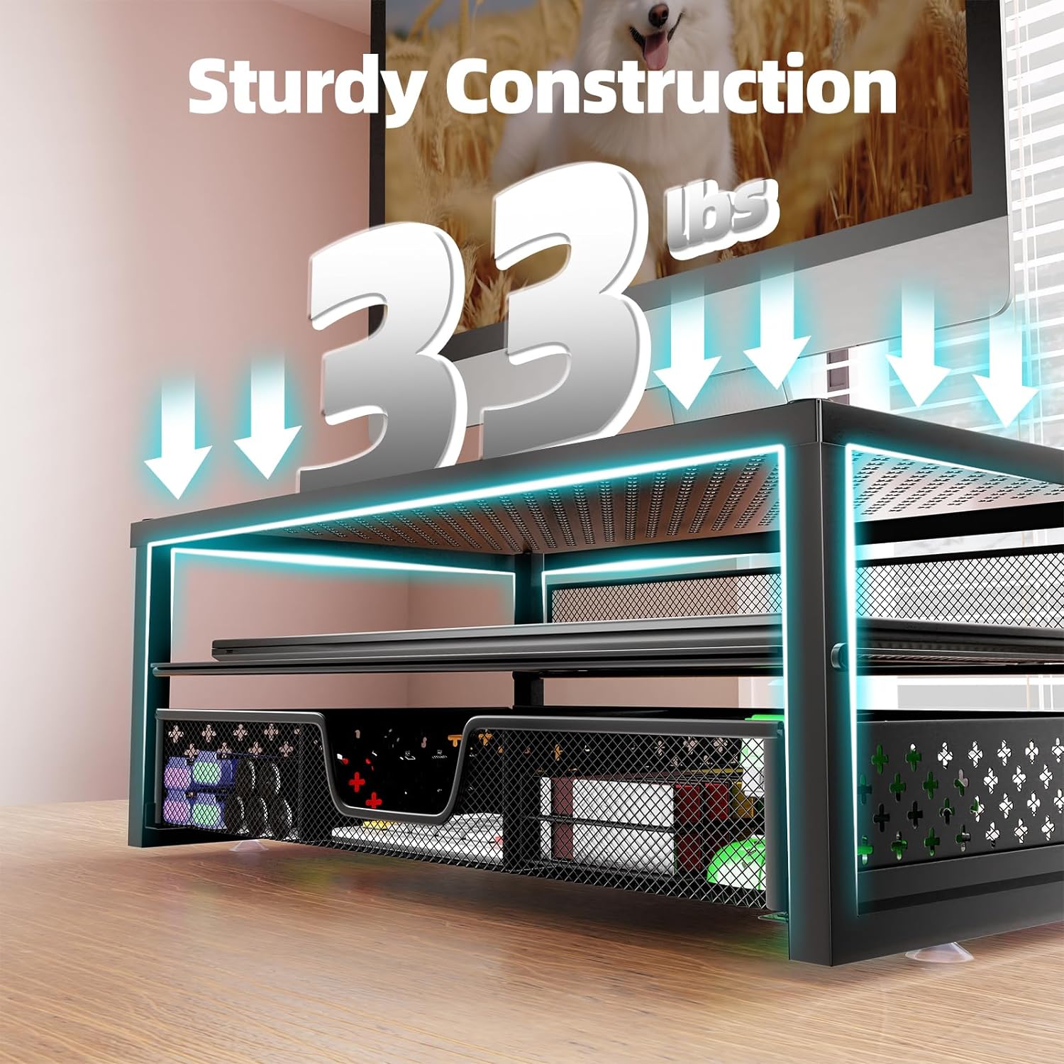 -Metal Monitor Stand Riser and Computer Desk Organizer with Drawer for Laptop, Computer, Imac, Black