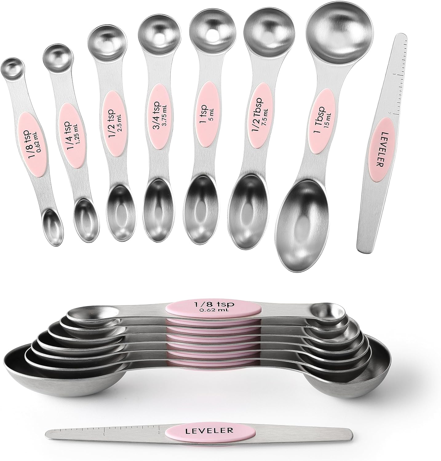 Magnetic Measuring Spoons Set with Strong N45 Magnets, Heavy Duty Stainless Steel Metal, Fits in Most Kitchen Spice Jars for Baking & Cooking, BPA Free, Black, Set of 8 with Leveler