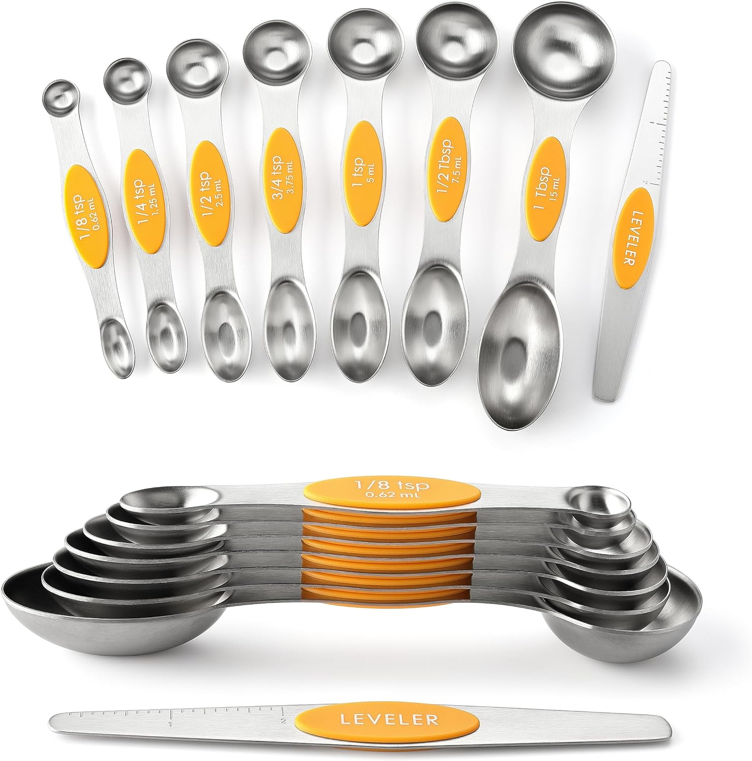 Magnetic Measuring Spoons Set with Strong N45 Magnets, Heavy Duty Stainless Steel Metal, Fits in Most Kitchen Spice Jars for Baking & Cooking, BPA Free, Black, Set of 8 with Leveler