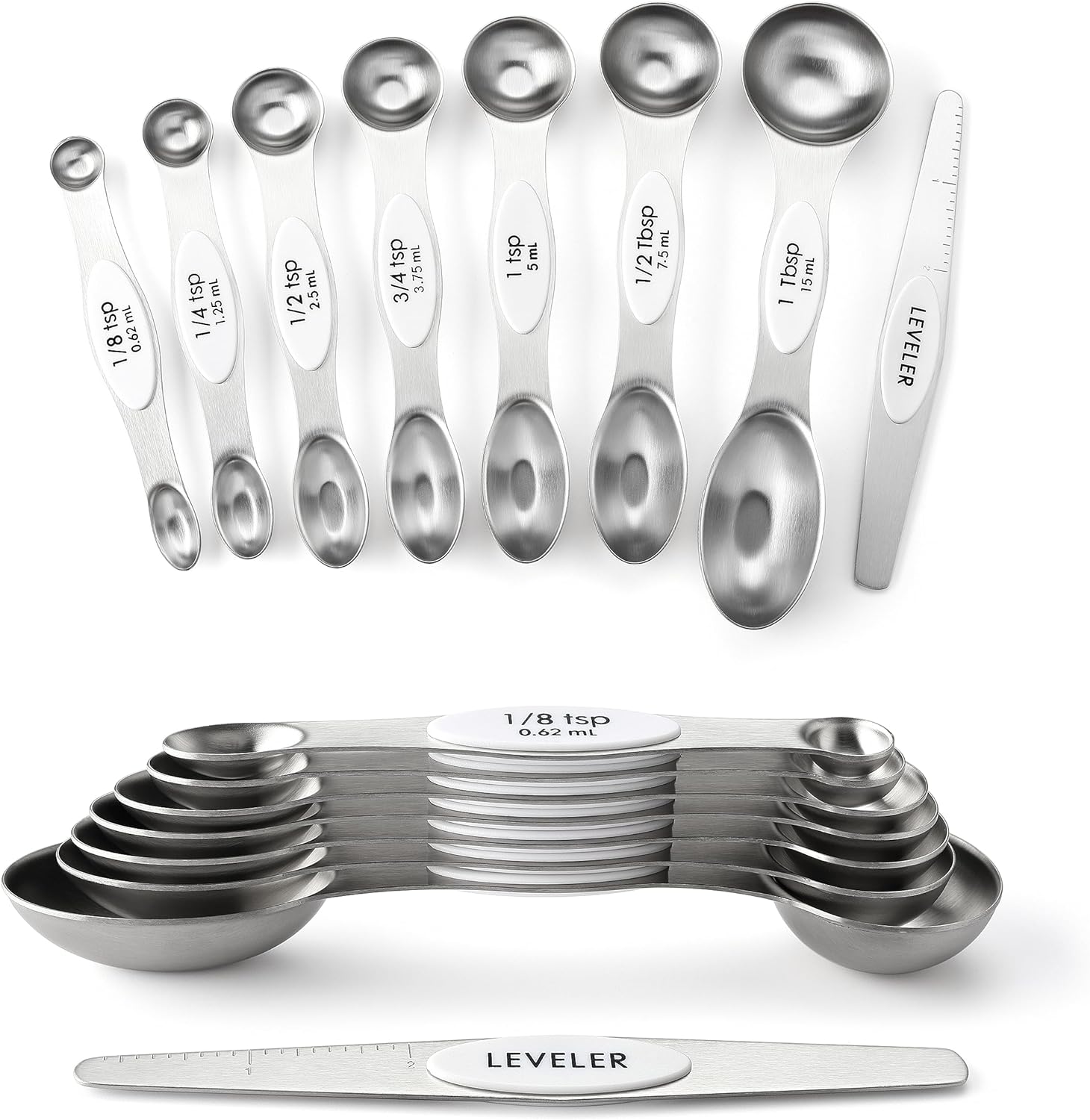 Magnetic Measuring Spoons Set with Strong N45 Magnets, Heavy Duty Stainless Steel Metal, Fits in Most Kitchen Spice Jars for Baking & Cooking, BPA Free, Black, Set of 8 with Leveler