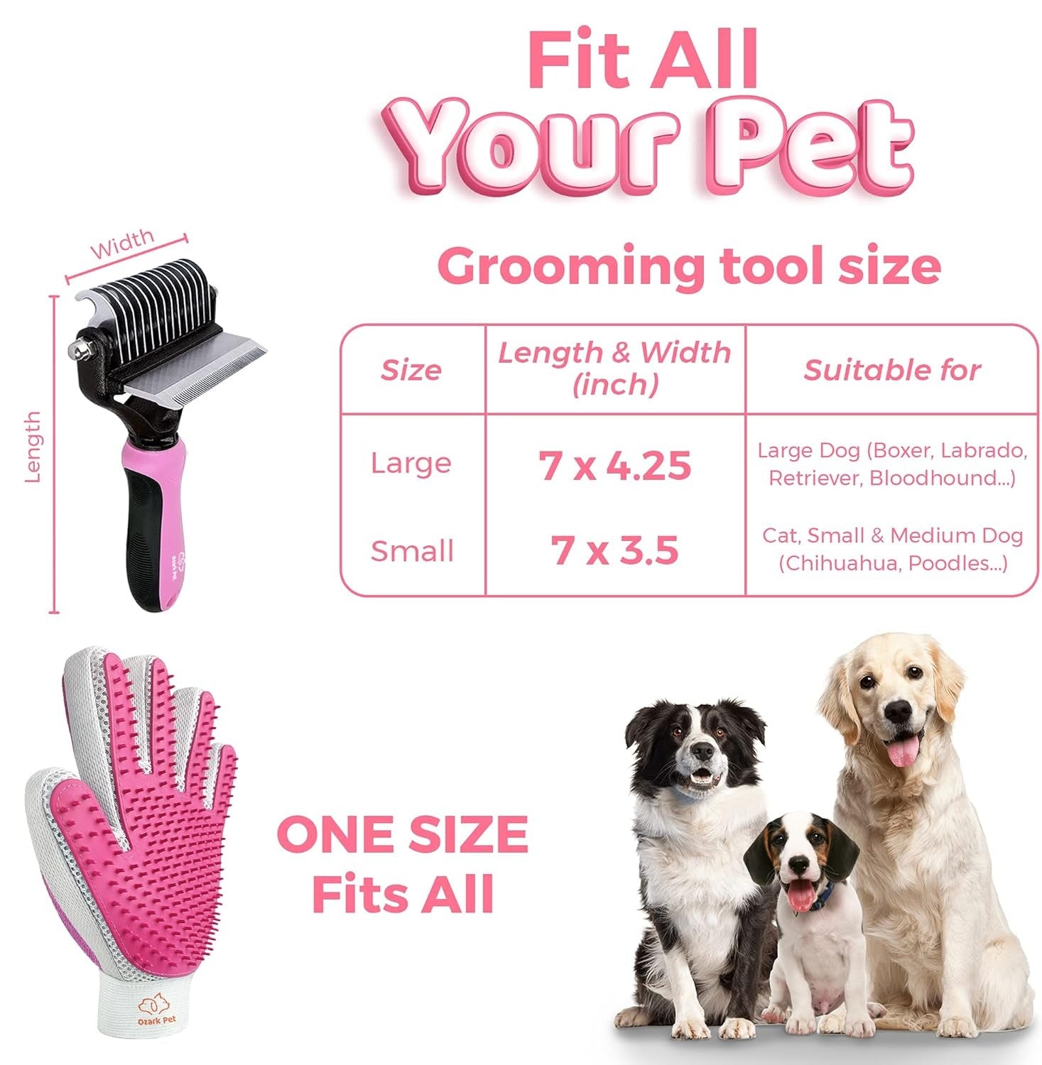 Dog Brush and Cat Brush-With Deshedding Brush, Dog Dematting Tools and 2 Side Shedding Brush Glove, Reduce Shedding up to 95%, for Short to Long Hair, Small to Medium Breeds by (Pink Small)