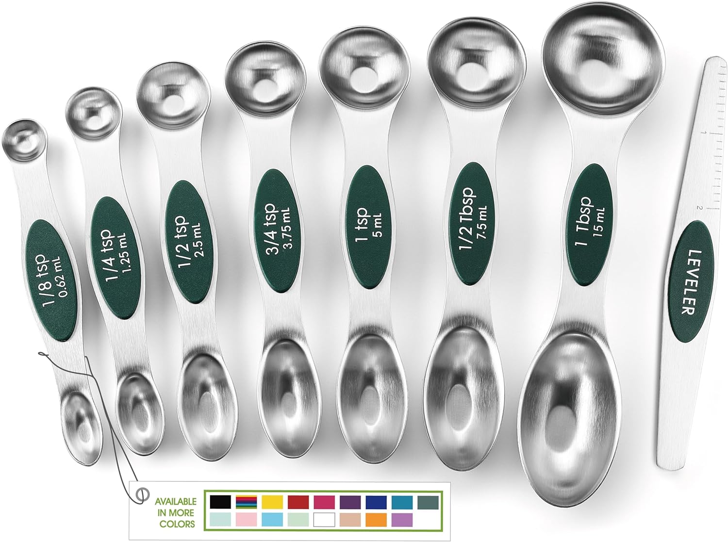 Magnetic Measuring Spoons Set with Strong N45 Magnets, Heavy Duty Stainless Steel Metal, Fits in Most Kitchen Spice Jars for Baking & Cooking, BPA Free, Black, Set of 8 with Leveler