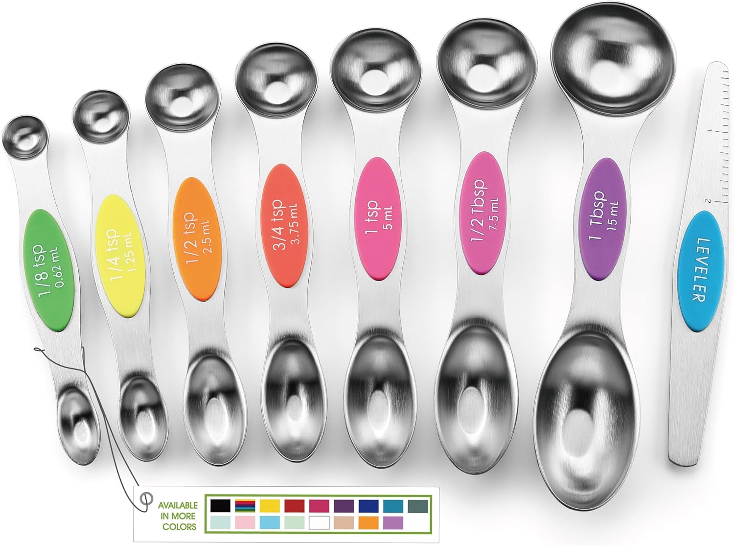Magnetic Measuring Spoons Set with Strong N45 Magnets, Heavy Duty Stainless Steel Metal, Fits in Most Kitchen Spice Jars for Baking & Cooking, BPA Free, Black, Set of 8 with Leveler