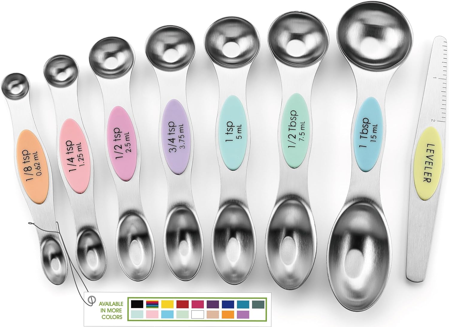 Magnetic Measuring Spoons Set with Strong N45 Magnets, Heavy Duty Stainless Steel Metal, Fits in Most Kitchen Spice Jars for Baking & Cooking, BPA Free, Black, Set of 8 with Leveler