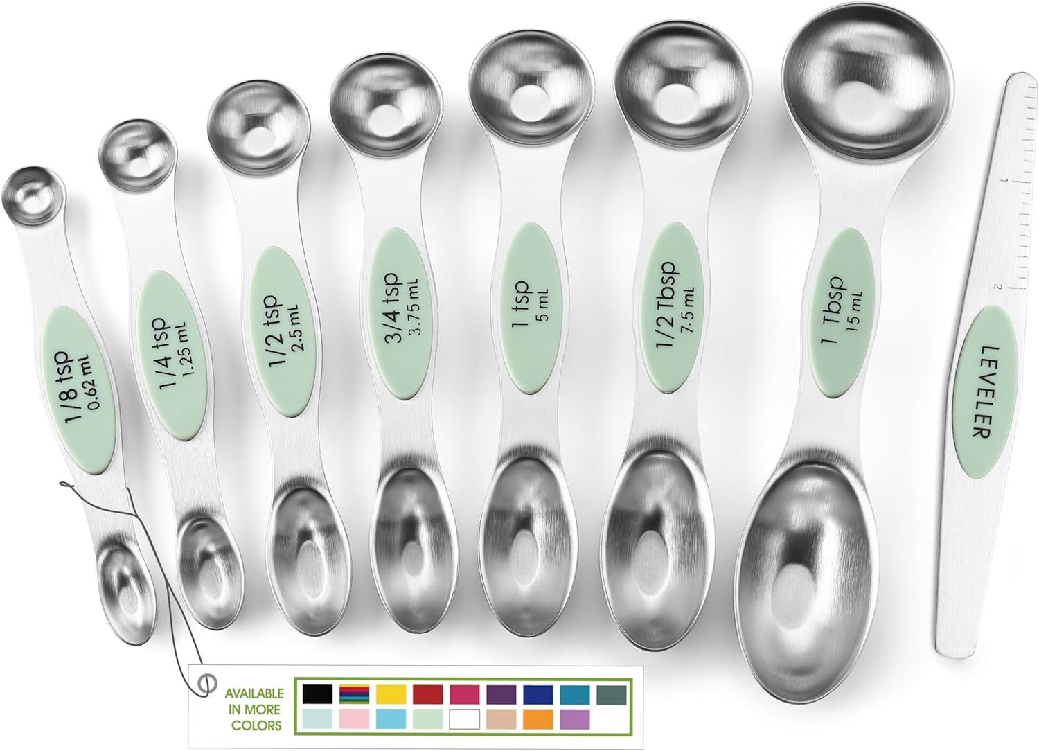 Magnetic Measuring Spoons Set with Strong N45 Magnets, Heavy Duty Stainless Steel Metal, Fits in Most Kitchen Spice Jars for Baking & Cooking, BPA Free, Black, Set of 8 with Leveler