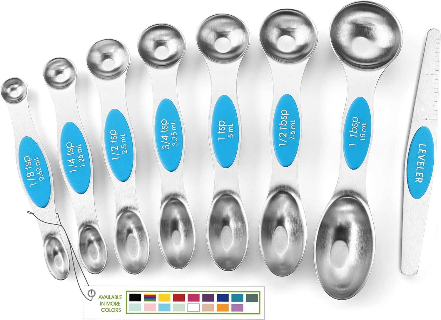 Magnetic Measuring Spoons Set with Strong N45 Magnets, Heavy Duty Stainless Steel Metal, Fits in Most Kitchen Spice Jars for Baking & Cooking, BPA Free, Black, Set of 8 with Leveler