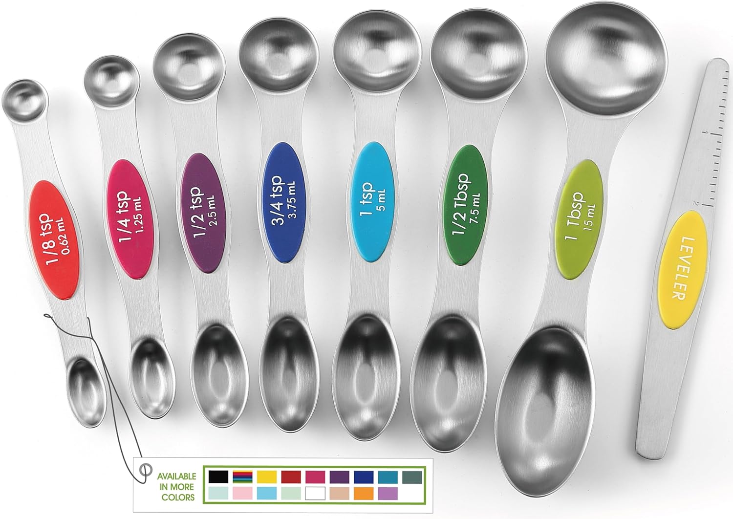 Magnetic Measuring Spoons Set with Strong N45 Magnets, Heavy Duty Stainless Steel Metal, Fits in Most Kitchen Spice Jars for Baking & Cooking, BPA Free, Black, Set of 8 with Leveler