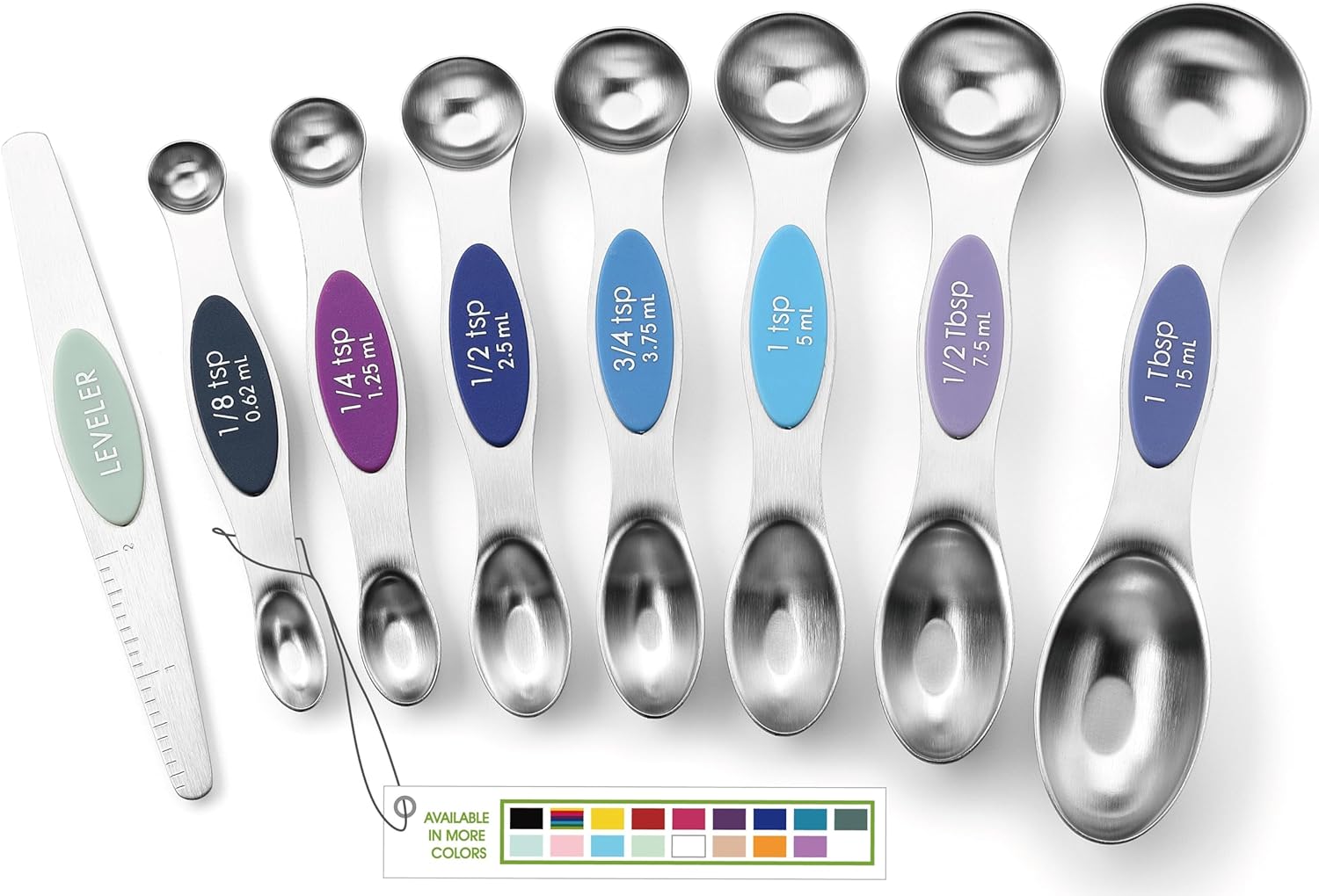 Magnetic Measuring Spoons Set with Strong N45 Magnets, Heavy Duty Stainless Steel Metal, Fits in Most Kitchen Spice Jars for Baking & Cooking, BPA Free, Black, Set of 8 with Leveler